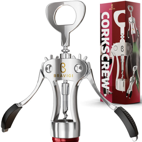 BRAVIGI abrebotellas con alas ergonómicas para un agarre cómodo en cenas.