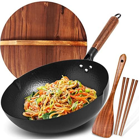 BrBrGo wok de acero al carbono de 13 pulgadas para salteados familiares y rápida cocción