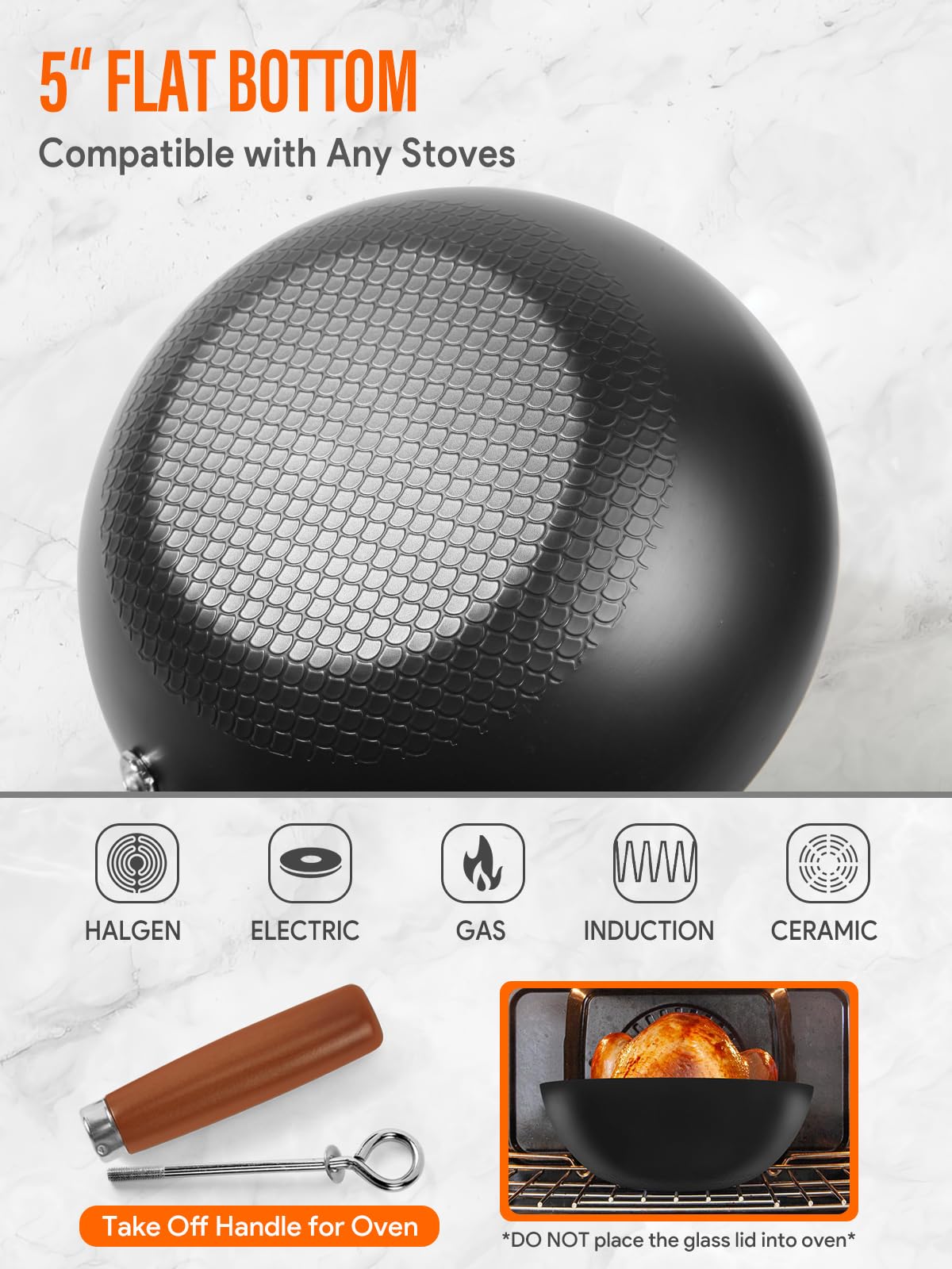 BrBrGo Wok con fondo plano, compatible con inducción, gas y eléctrica.