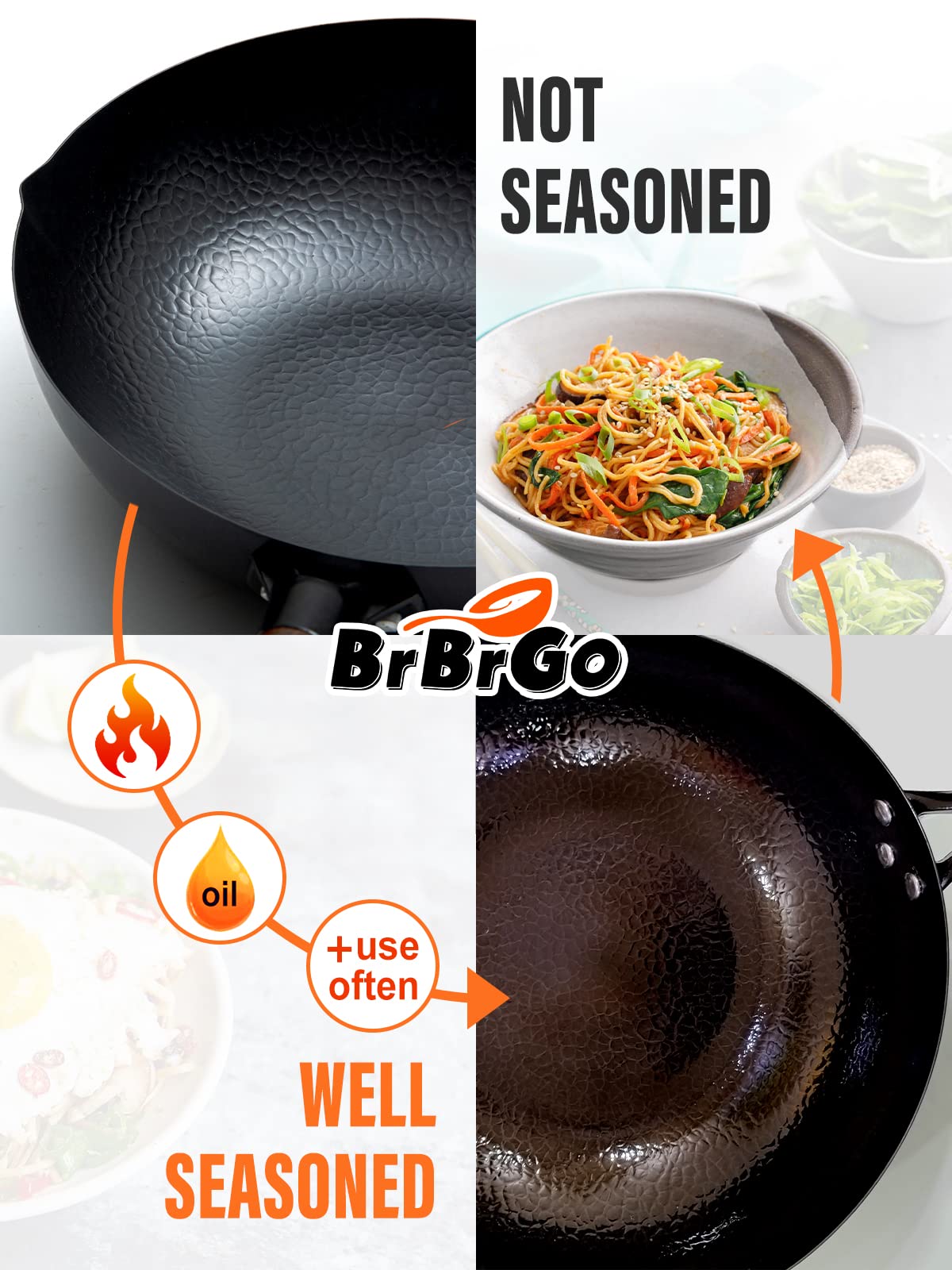 Wok BrBrGo sin recubrimiento, cocina a alta temperatura sin teflón