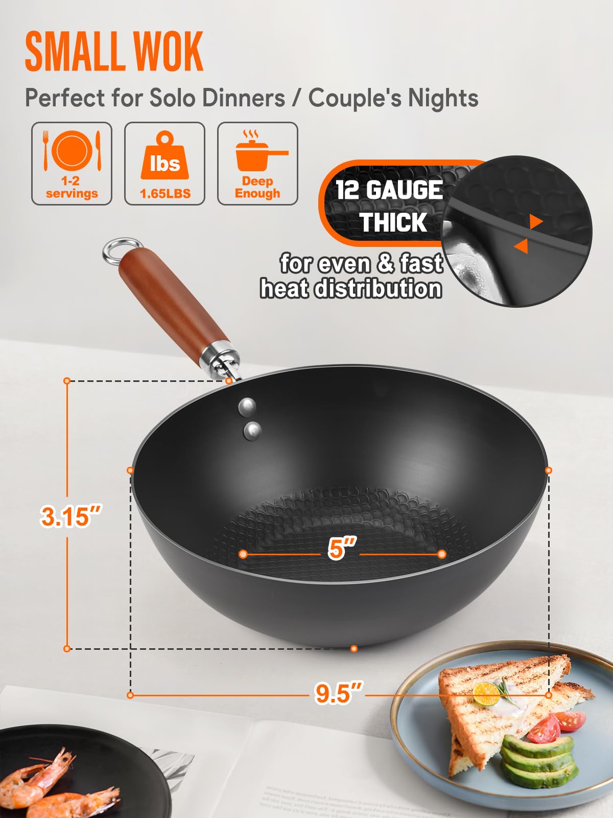 BrBrGo Wok con tapa de vidrio y mango de madera para control y comodidad.