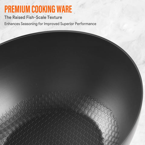 BrBrGo Wok con textura escama de pez para deslizamiento suave de ingredientes.