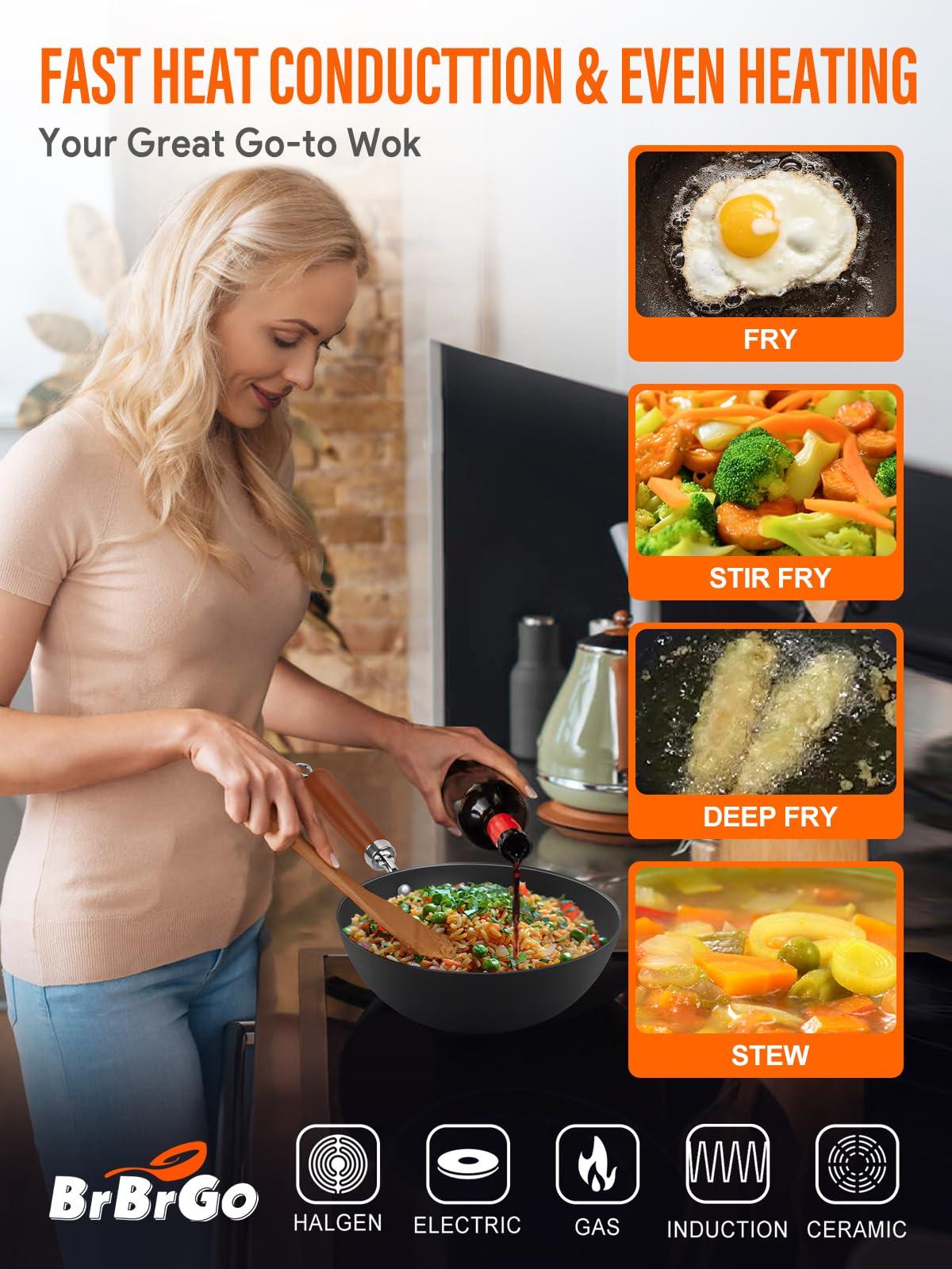 BrBrGo Wok versátil para salteados, fritos y dorados rápidos.