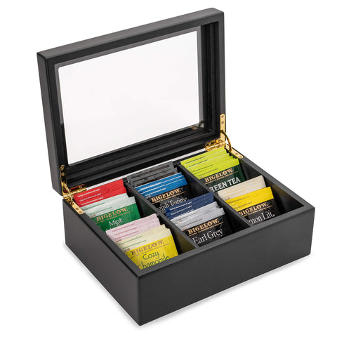 Break Tradition organizador de té de madera negro mate con seis compartimentos.