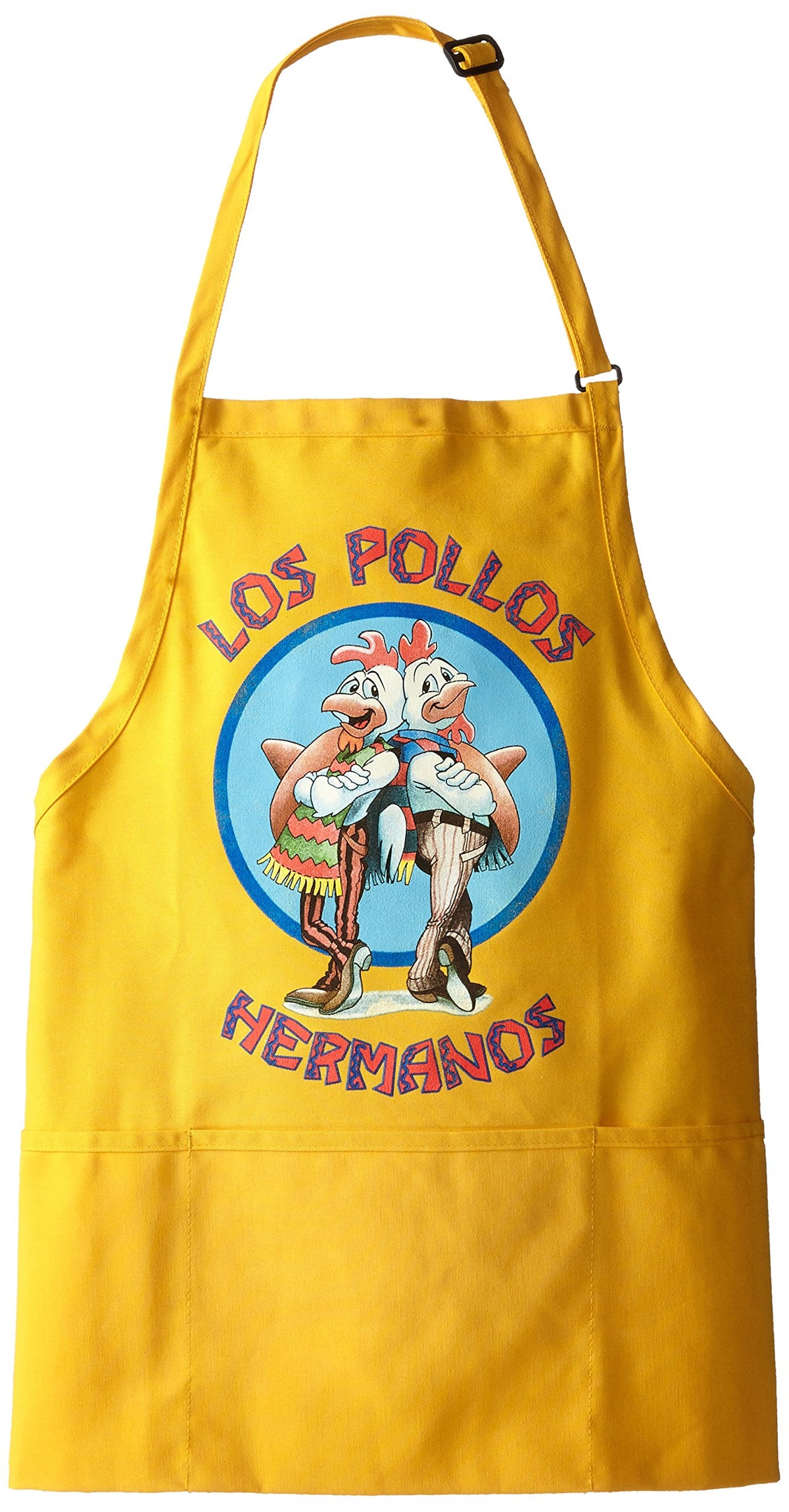 Delantal Breaking Bad Los Pollos Hermanos amarillo, frente, ideal para cocinar con estilo práctico.