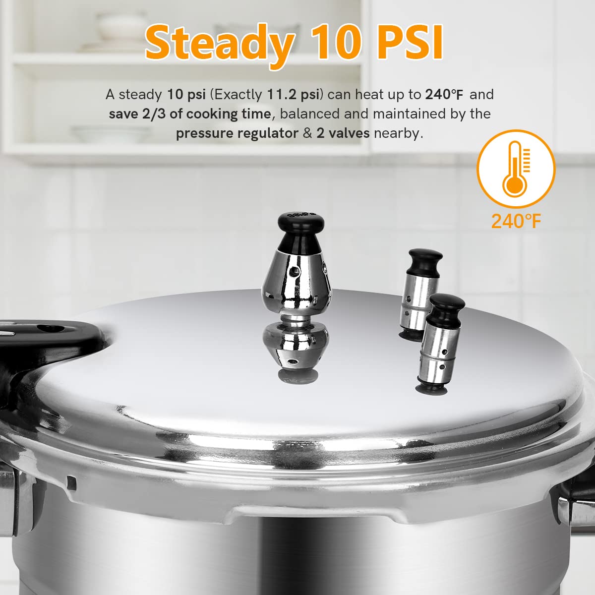 Regulador de 10 psi y válvulas de seguridad para cocción estable.