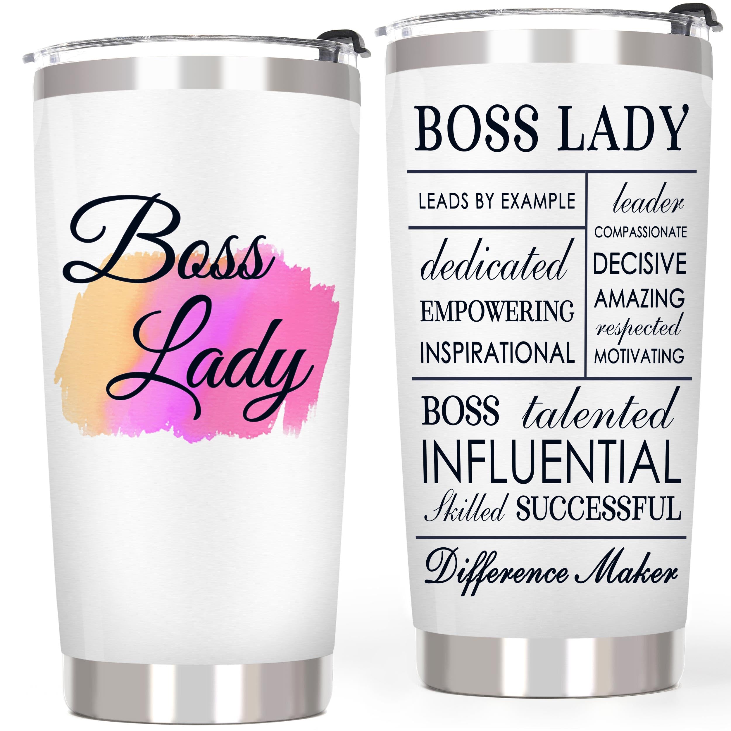 Breezy Valley Jefa Tumbler, vista frontal con diseño de palabras, ideal para café caliente.