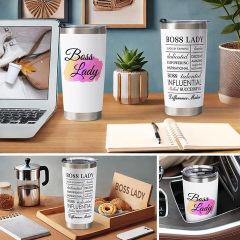 Breezy Valley Jefa Tumbler, detalle de mango, acero inoxidable duradero para uso diario.
