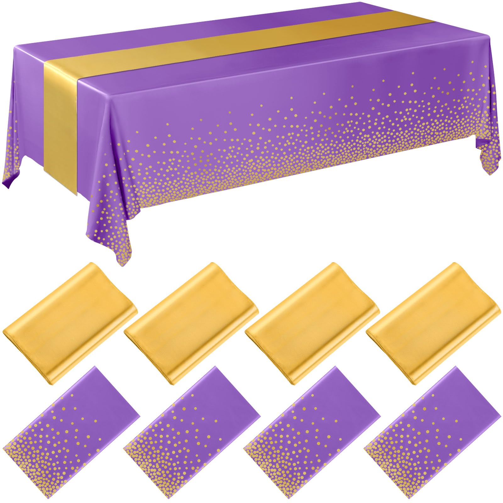 Breling mantel plástico desechable en tonos púrpura y oro para fiestas.