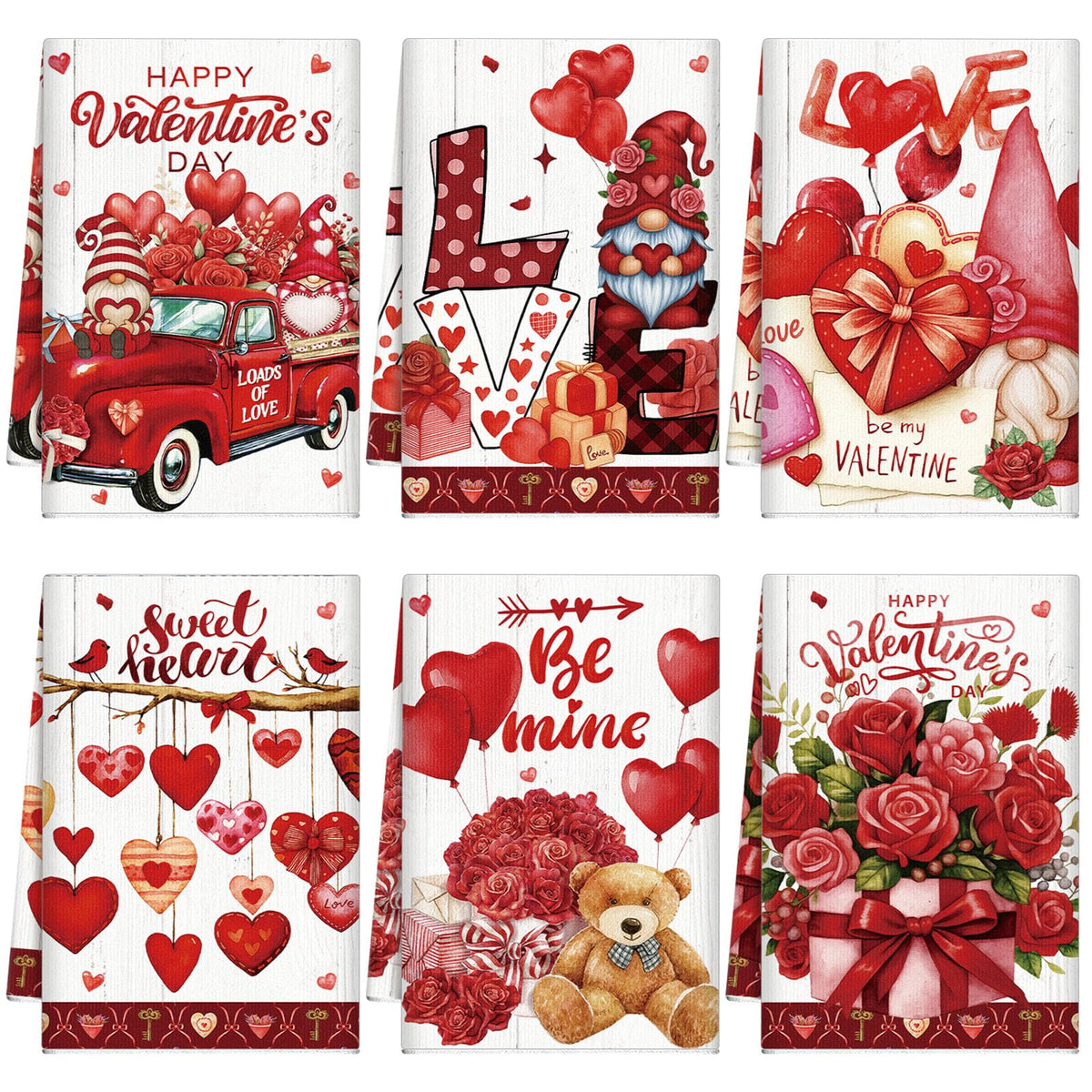 Toallas Breling para San Valentín con corazones rojos, decoración y uso práctico.