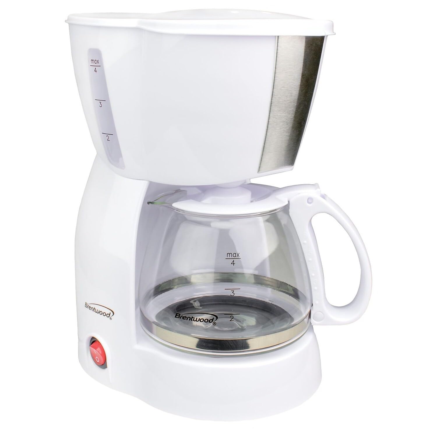 Brentwood TS-213W, vista frontal de cafetera de 4 tazas para uso diario