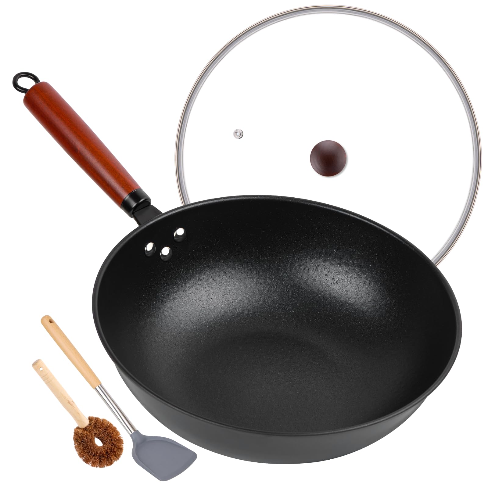 Wok Bretor de 13 pulgadas con tapa de vidrio para saltear y sellar sabores.