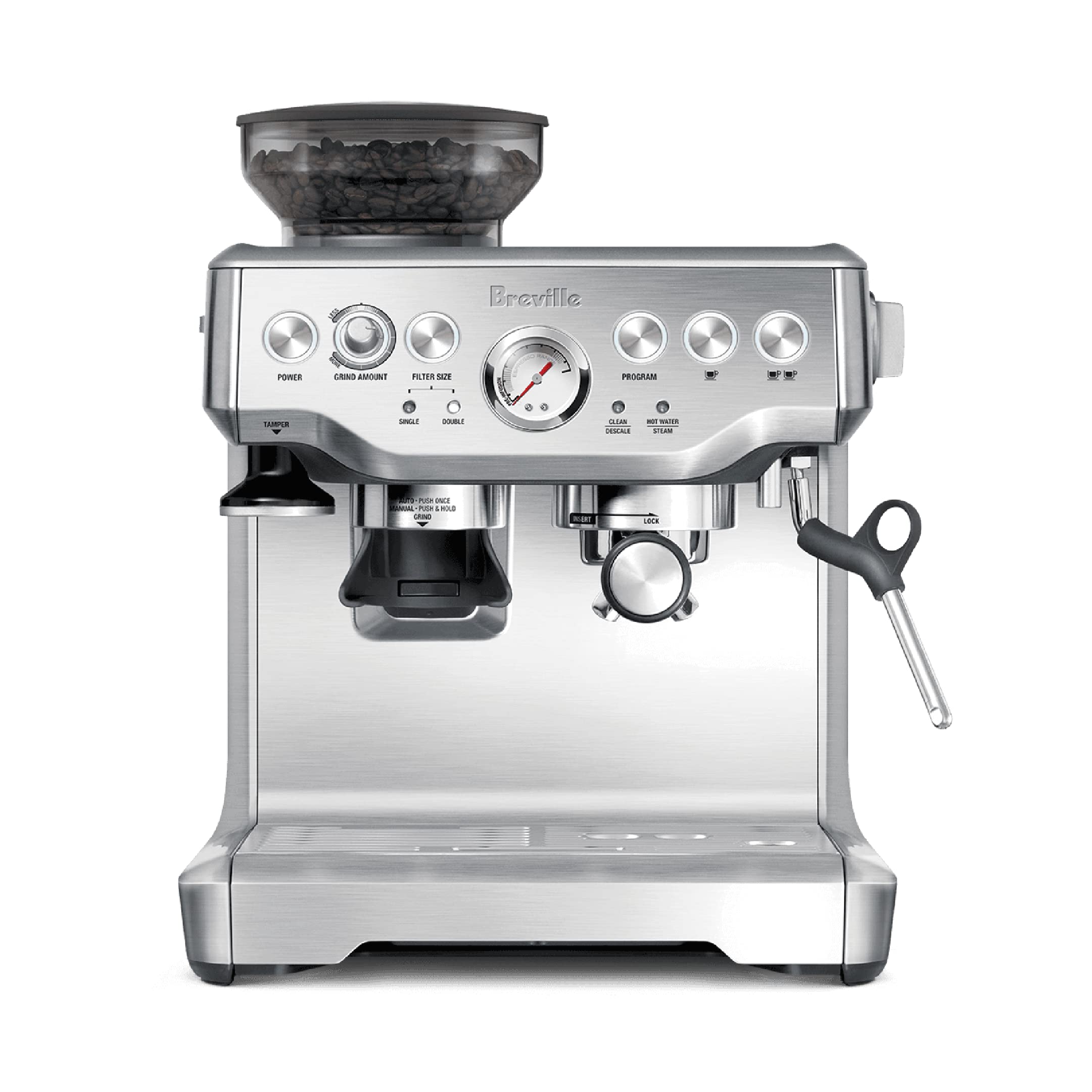 Breville máquina frontal en acero cepillado mostrando diseño profesional y durabilidad
