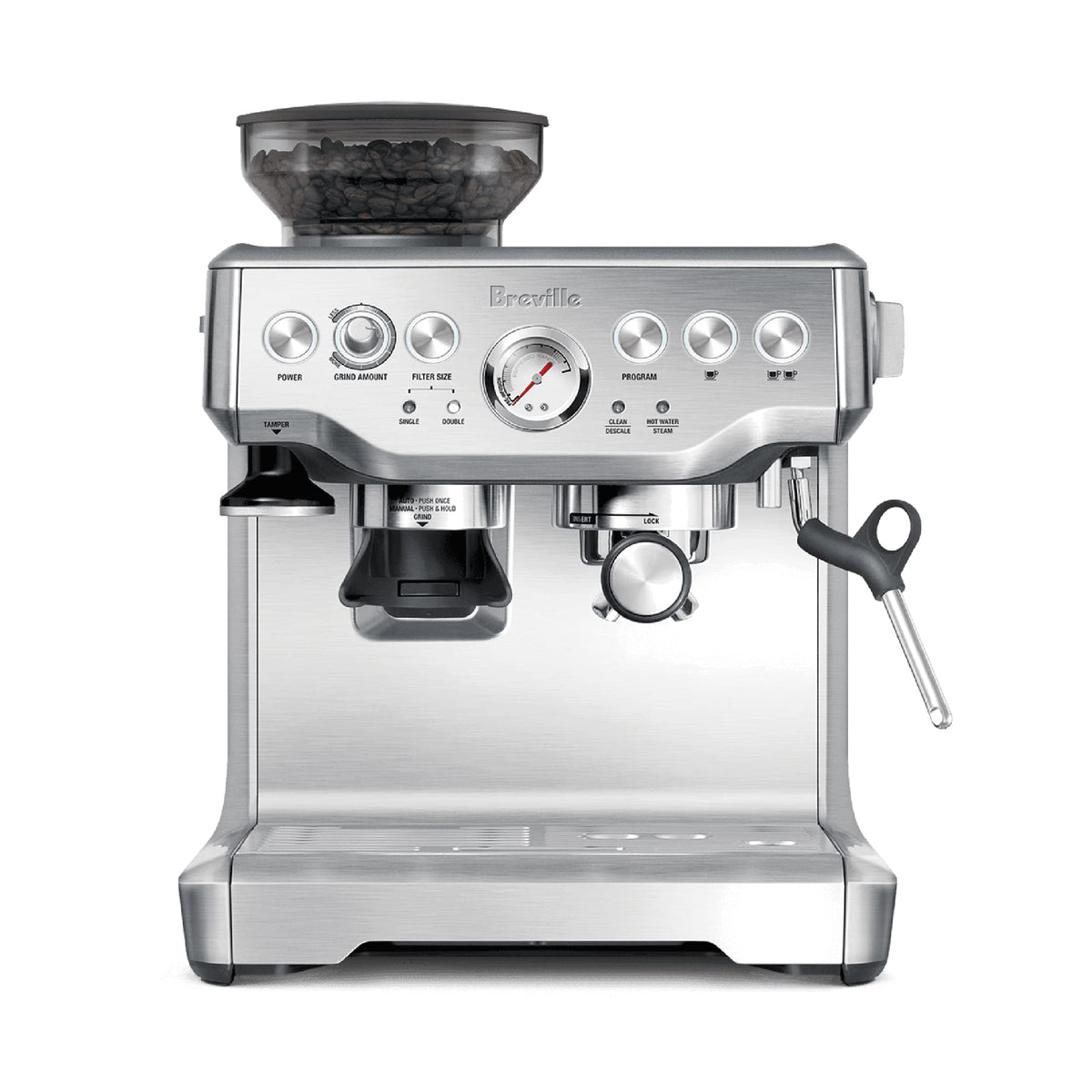 Breville máquina frontal en acero cepillado mostrando diseño profesional y durabilidad