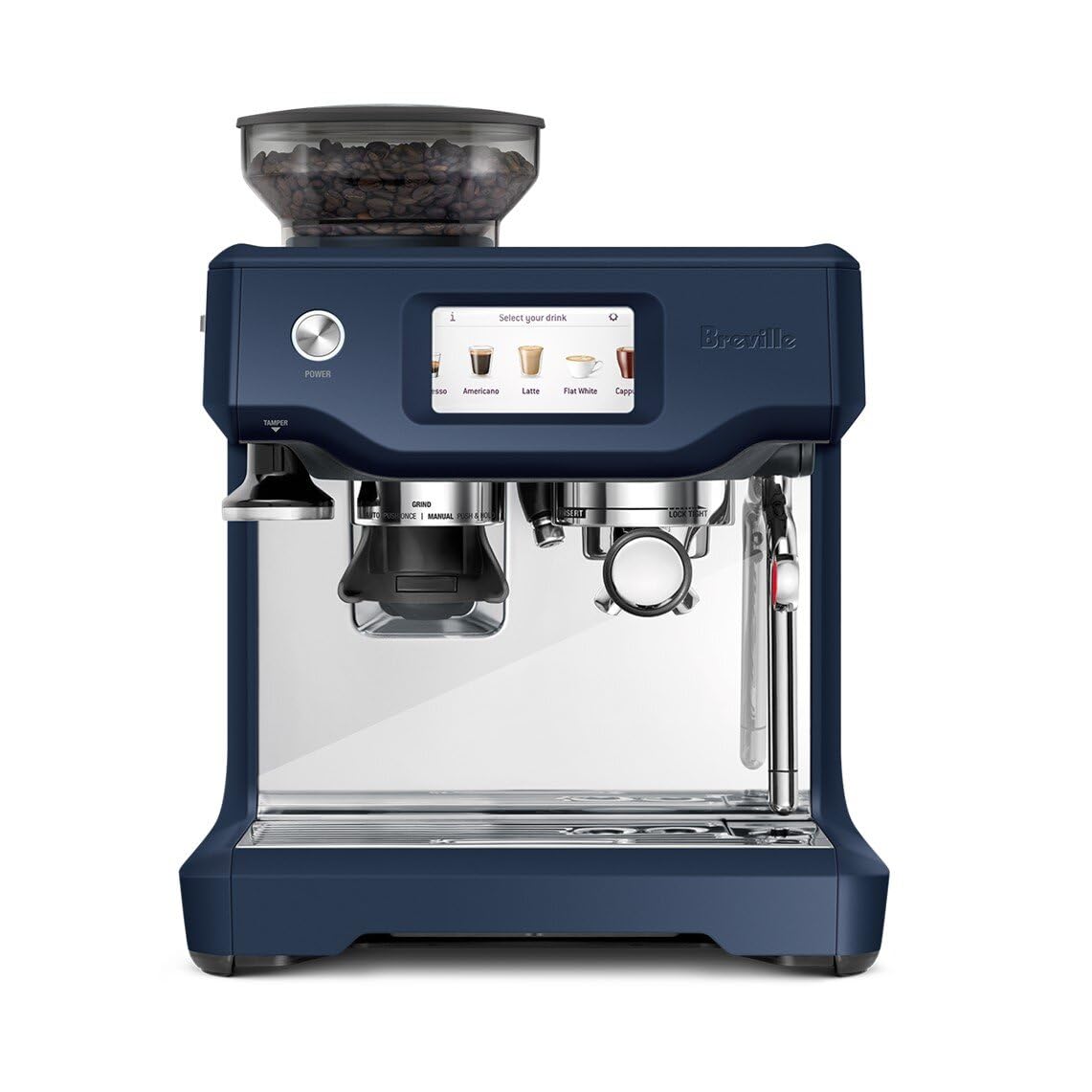 Breville Barista Touch frente en Damson Blue, ideal para espresso en casa