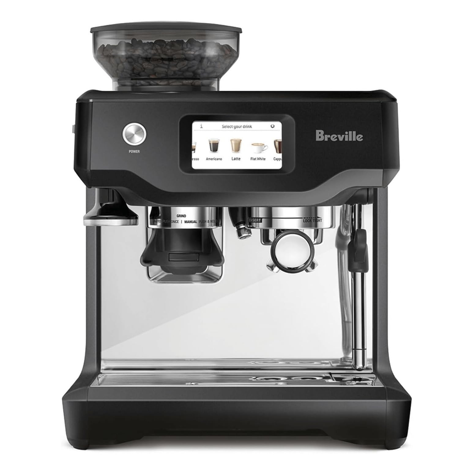 Breville Barista Touch, vista frontal, lista para espresso artesanal en casa.