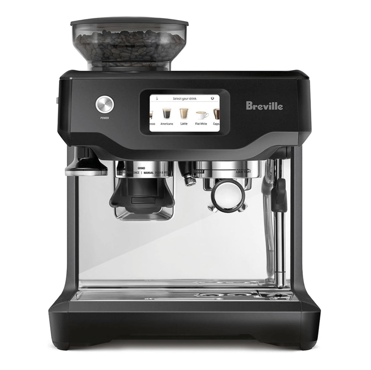 Breville Barista Touch, vista frontal, lista para espresso artesanal en casa.