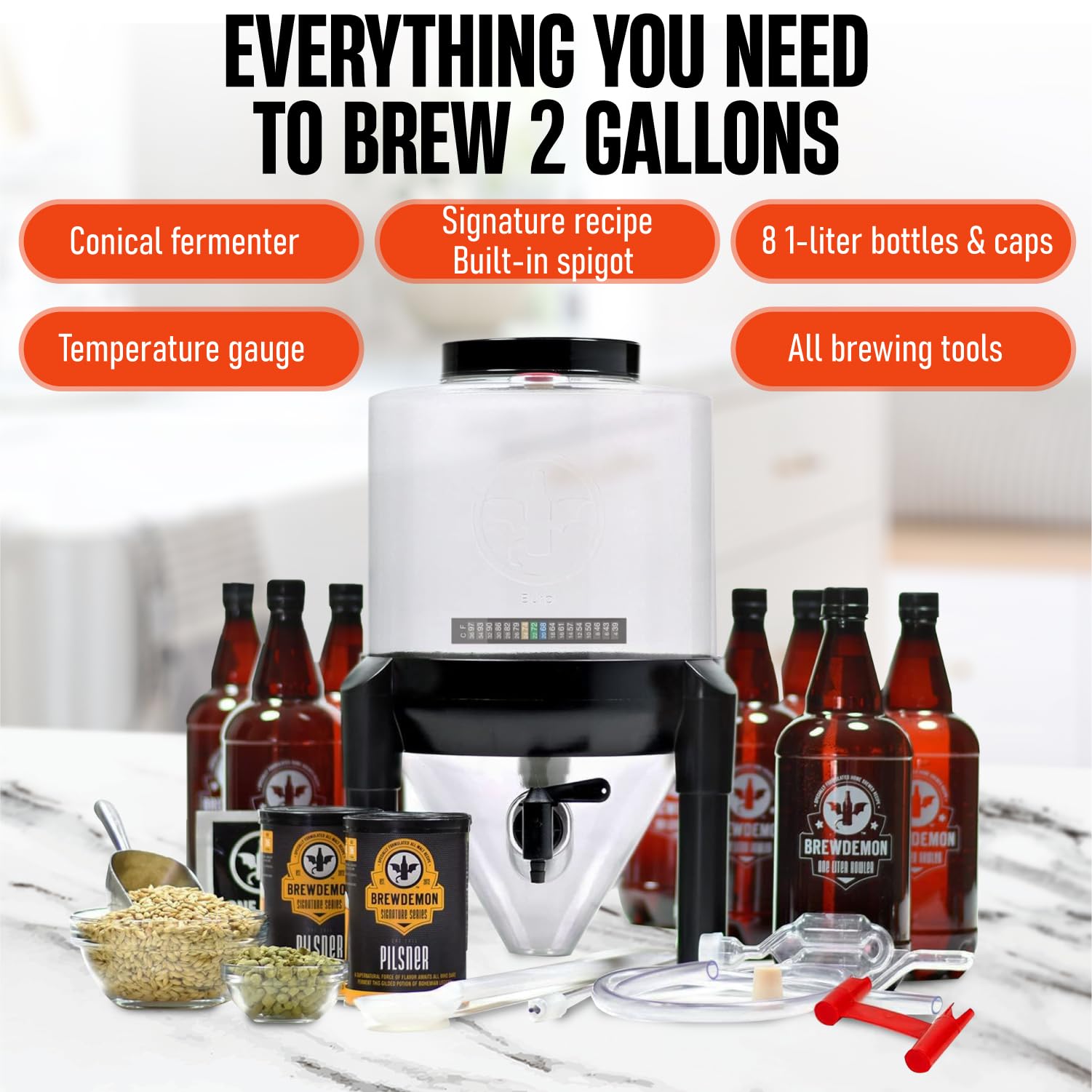 BrewDemon válvula de llenado facilita envasado sin sifón.