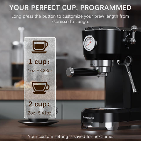 Brewmann máquina espresso, bomba 20 bares con preinfusión.