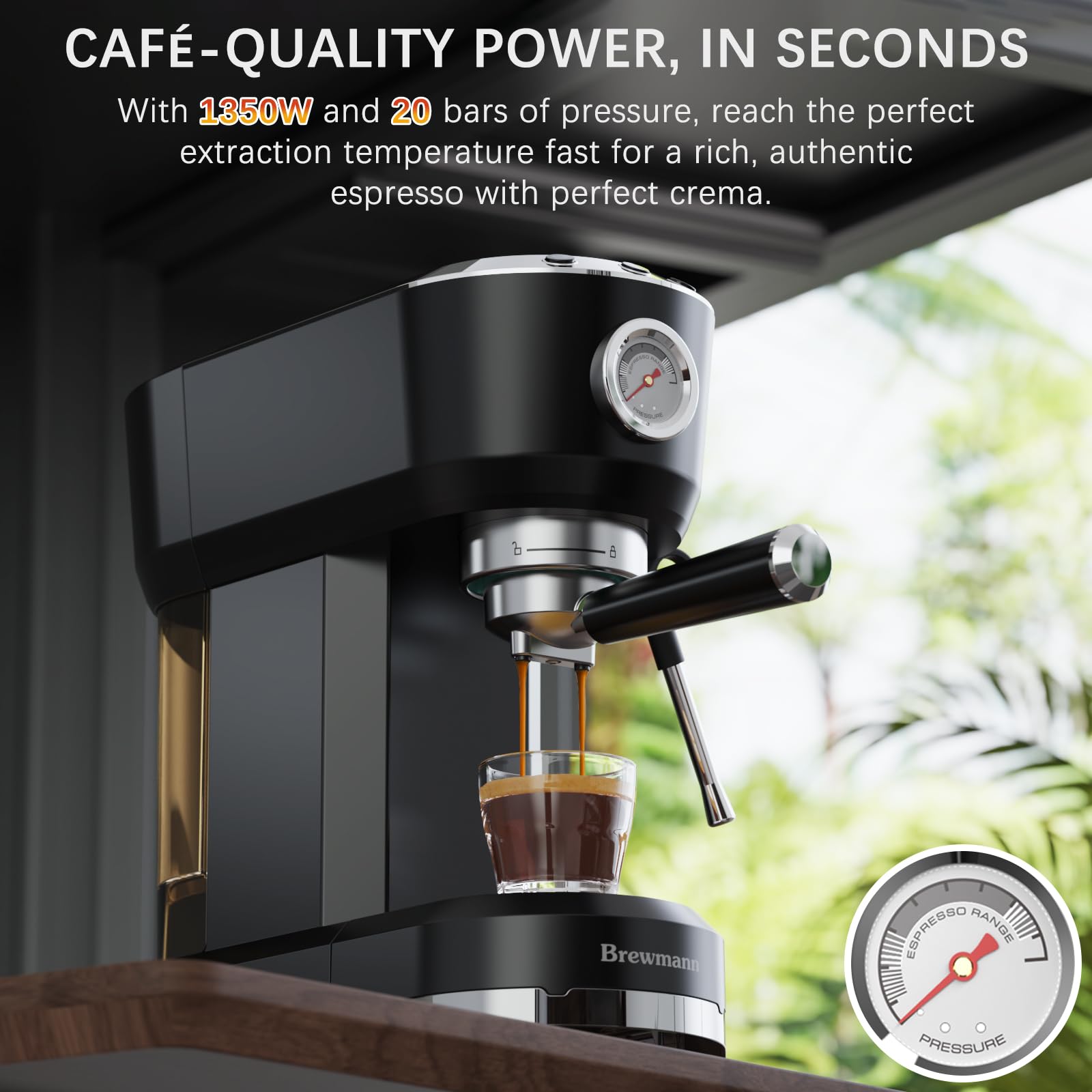 Brewmann máquina espresso, calentamiento rápido para sesiones matutinas eficientes.
