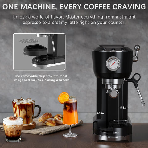 Brewmann máquina espresso, diseño compacto con detalles en acero.