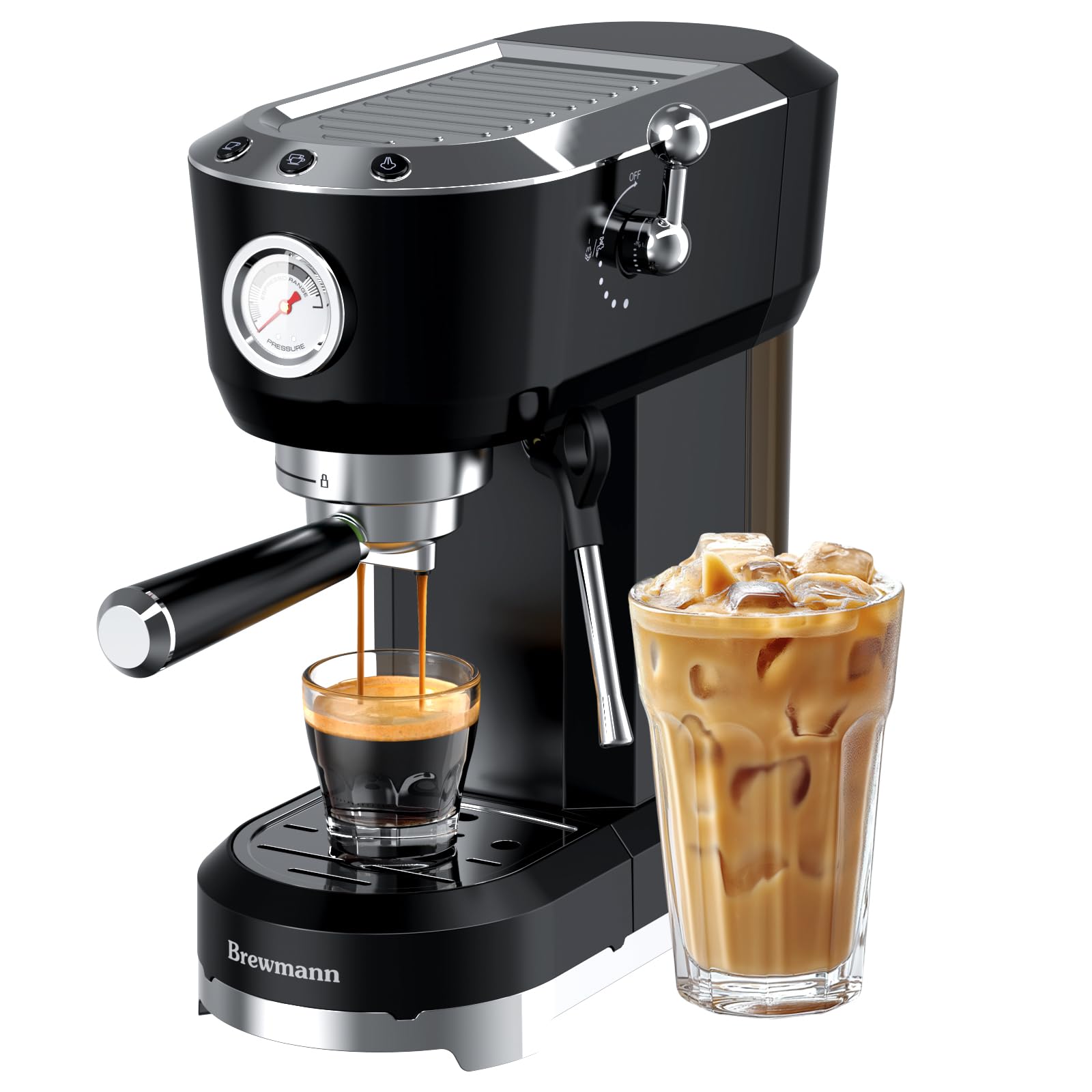 Brewmann máquina espresso, vista frontal, diseño compacto para cocinas pequeñas.