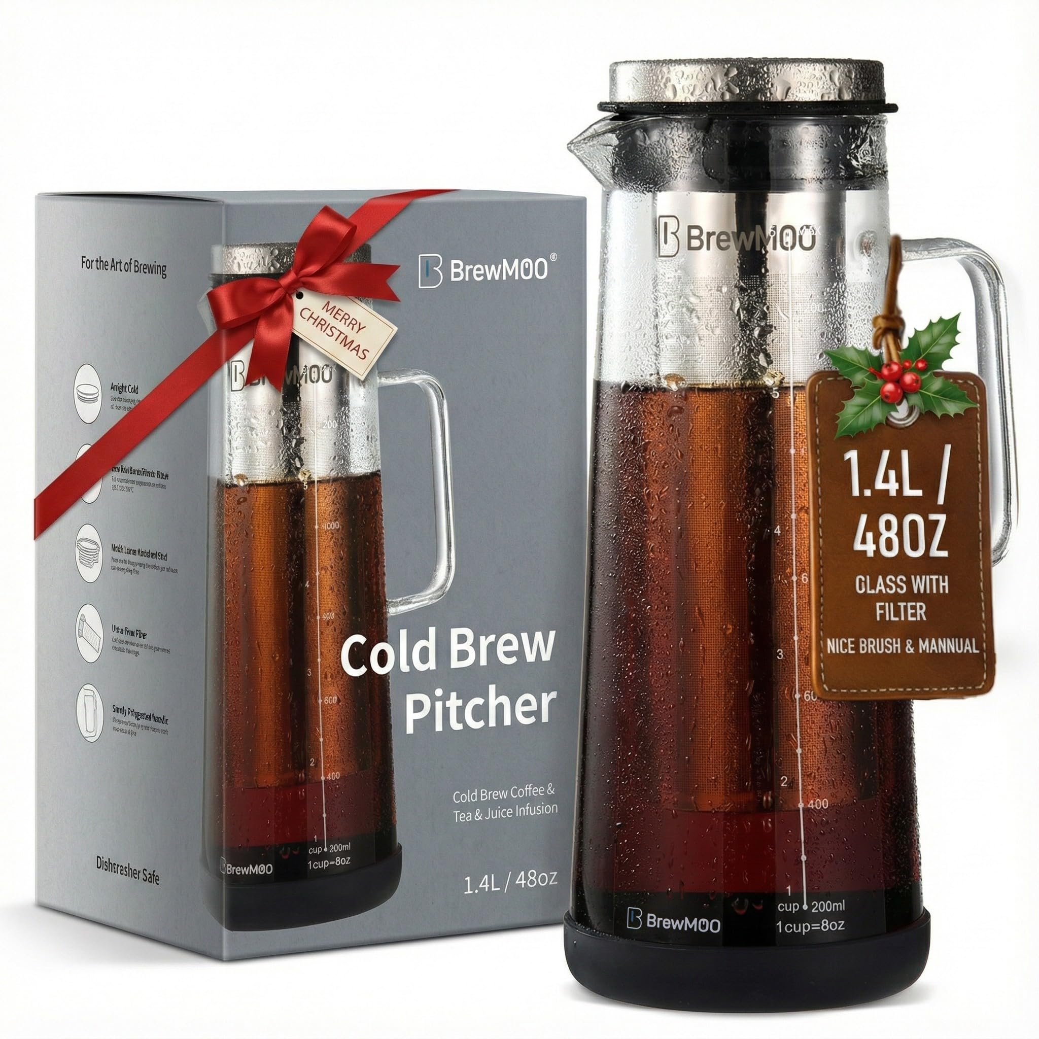 BrewMOO jarra de cristal espeso frontal para café concentrado con sabor profundo