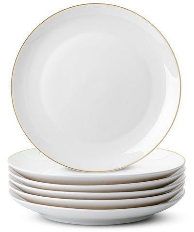 Brew To A Tea plato de porcelana blanco con borde dorado, ideal para comidas principales.