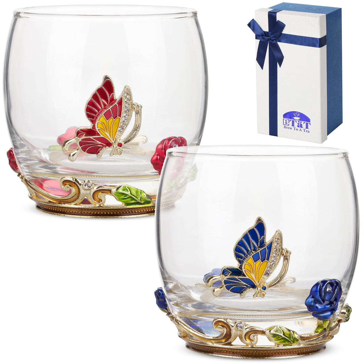 Vasos BTaT sin tallo con mariposas y rosas, diseño elegante para fiestas.
