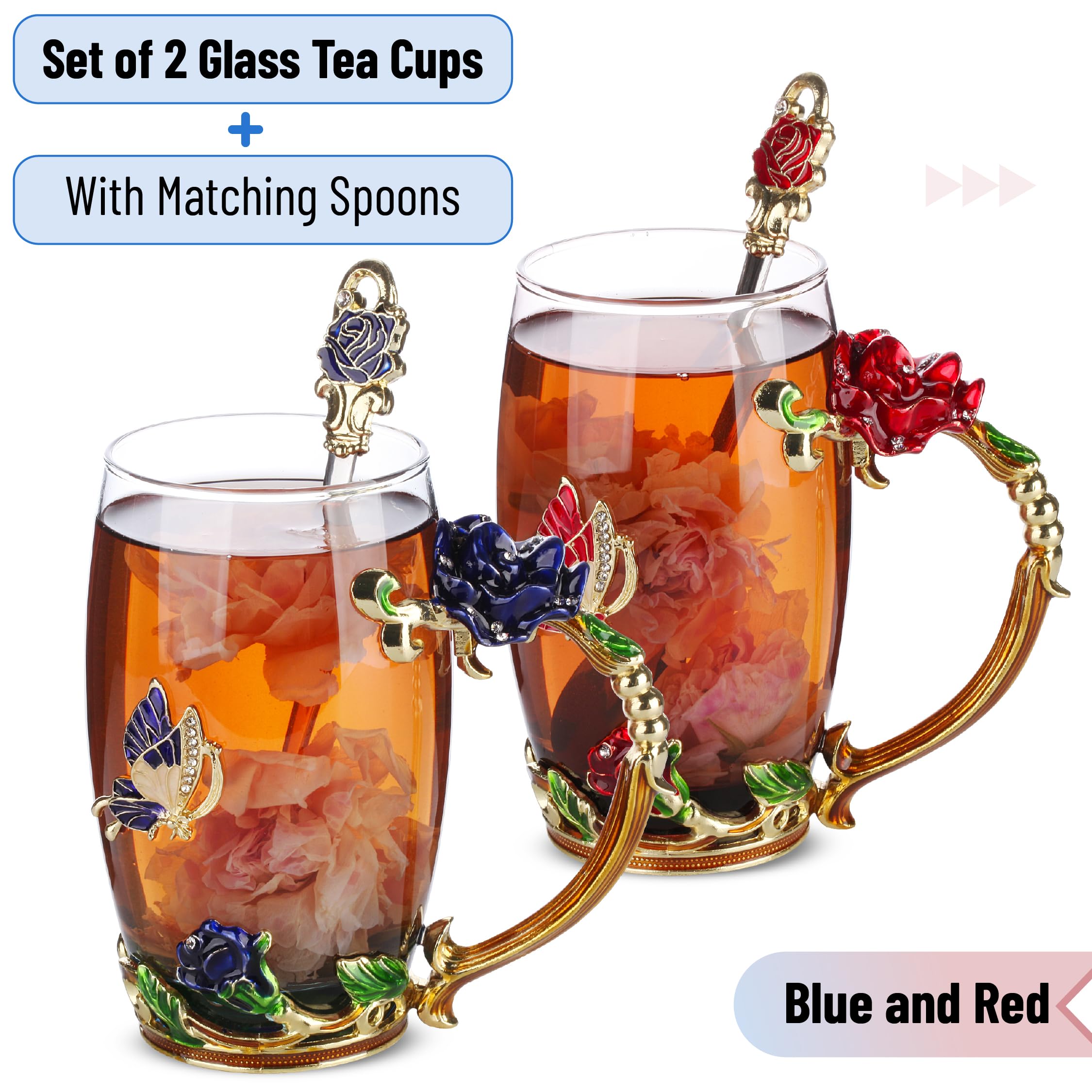 BTaT copas de té de vidrio floral rojo, aptas para lavavajillas.