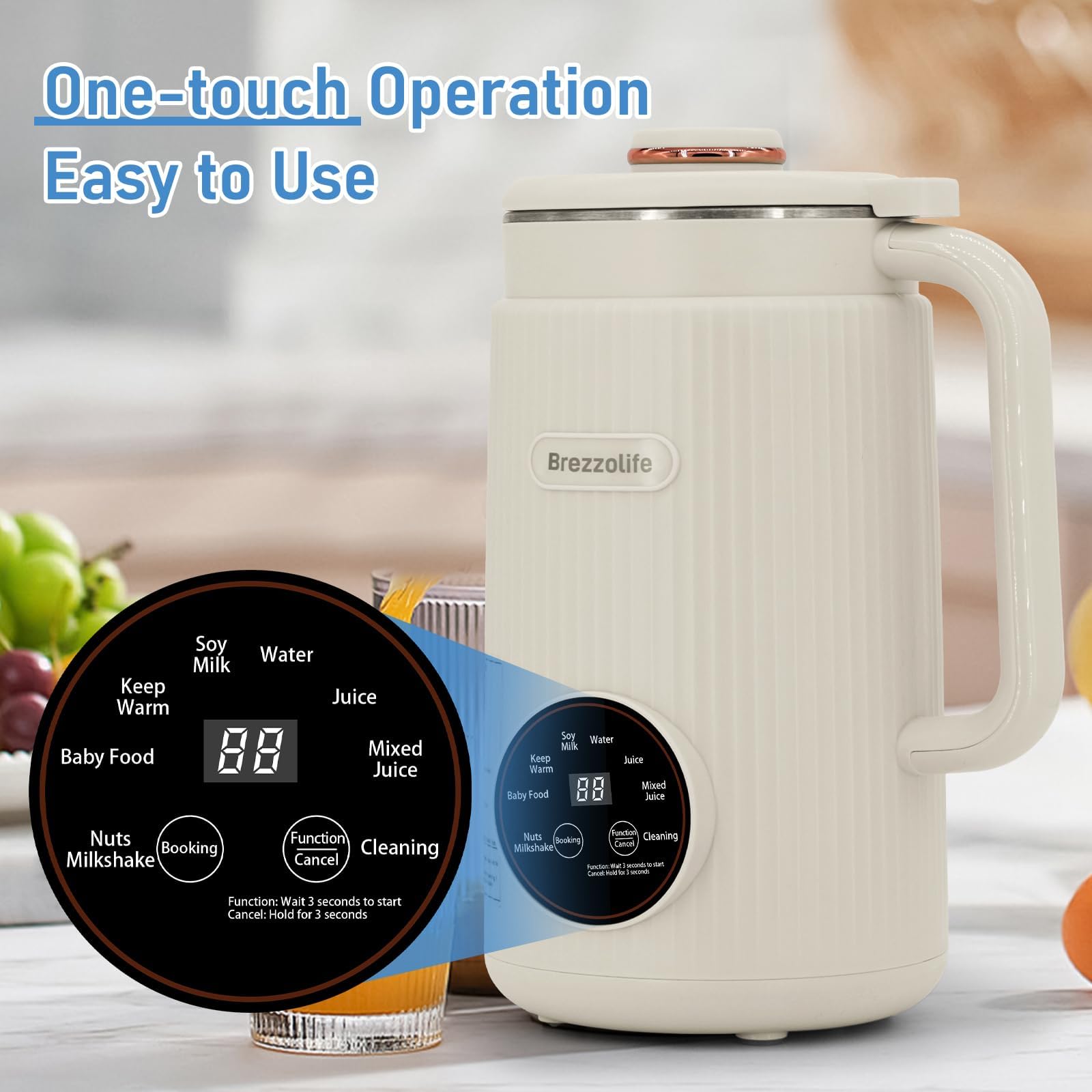 Brezzolife Nut Milk Maker con programas automáticos para leche vegetal rápida.