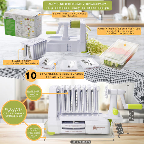 Brieftons Espiralizador diseño horizontal compacto para fácil limpieza.