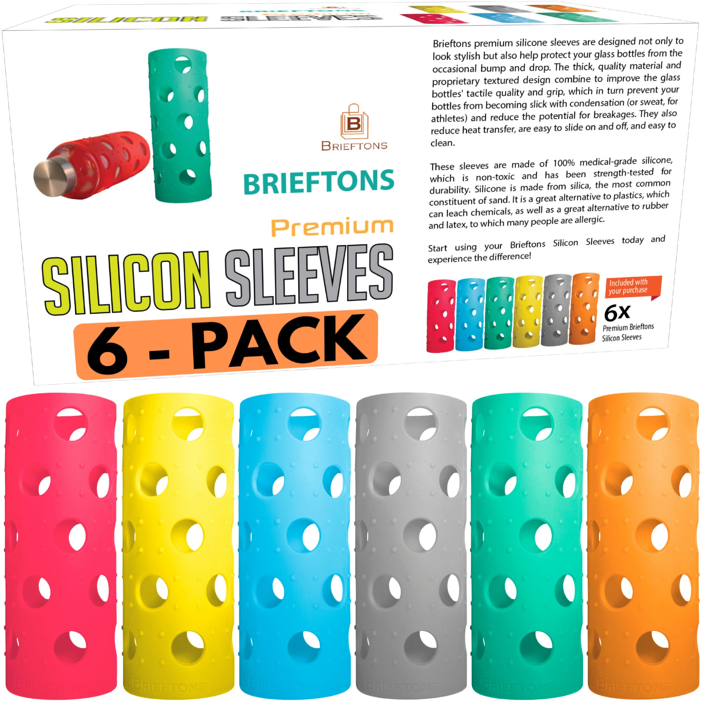 Fundas de silicona Brieftons para botella de vidrio con aislamiento y protección.