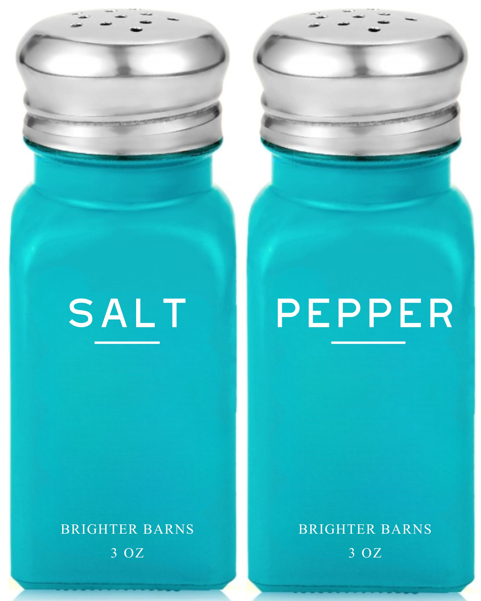 Brighter Barns conjunto de sal y pimienta turquesa sobre mesa, mejora la experiencia de sazonar.