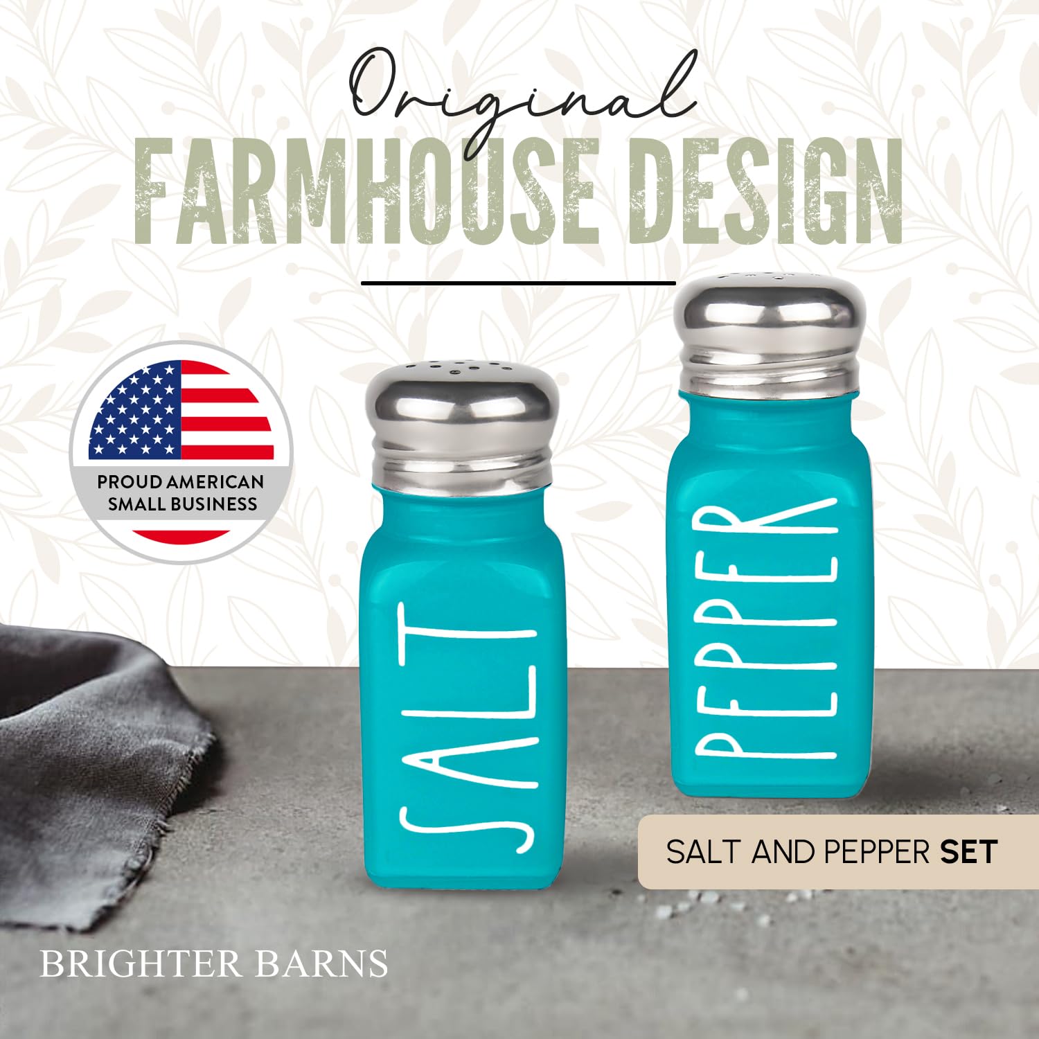 Brighter Barns sal y pimienta turquesa en vidrio, ideal para uso diario