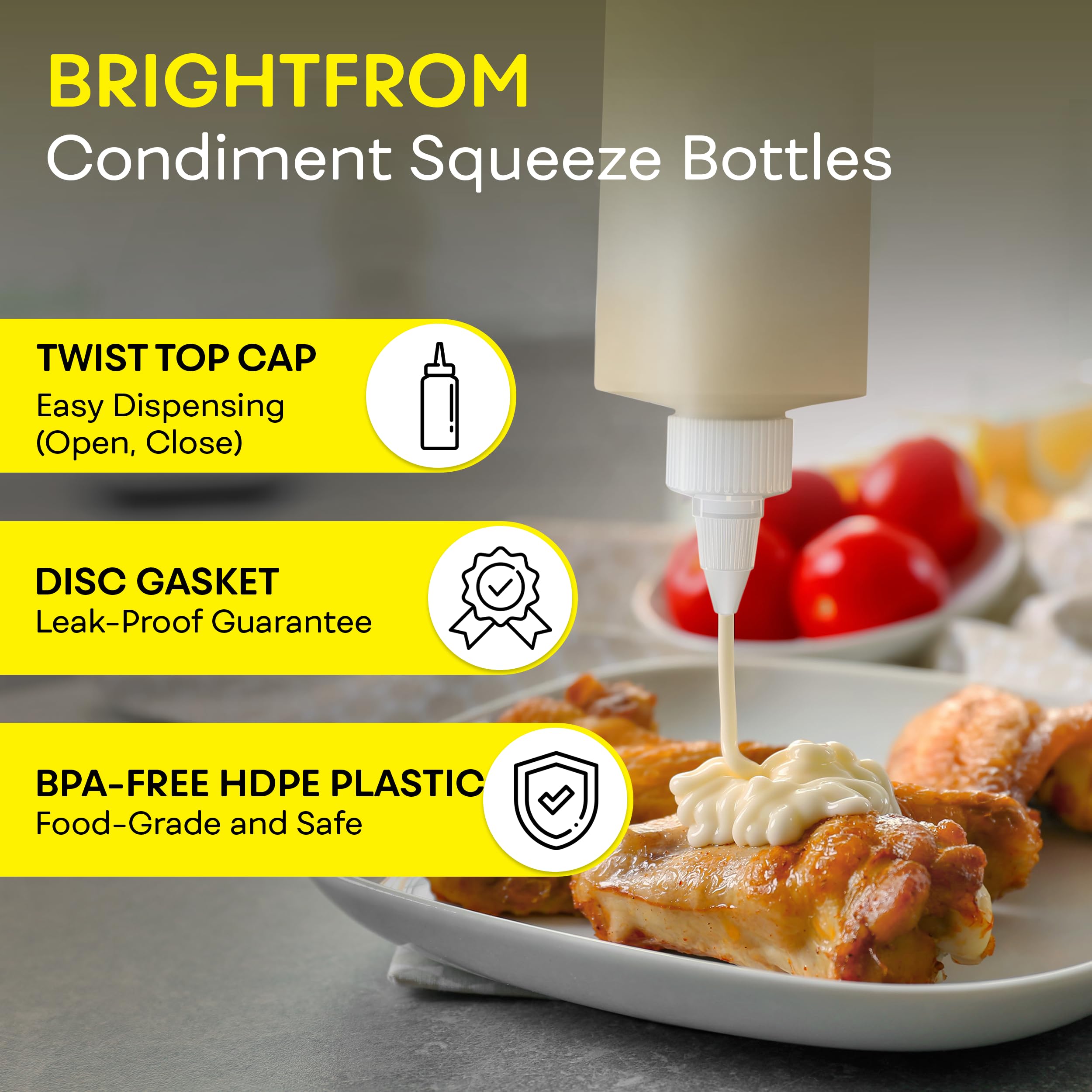 BRIGHTFROM botella de mostaza 16 oz con tapa giratoria, dosificado con precisión.