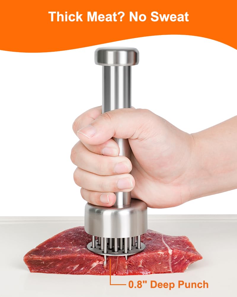 Brigii ablandador de carne con protector retráctil para uso seguro y almacenamiento.