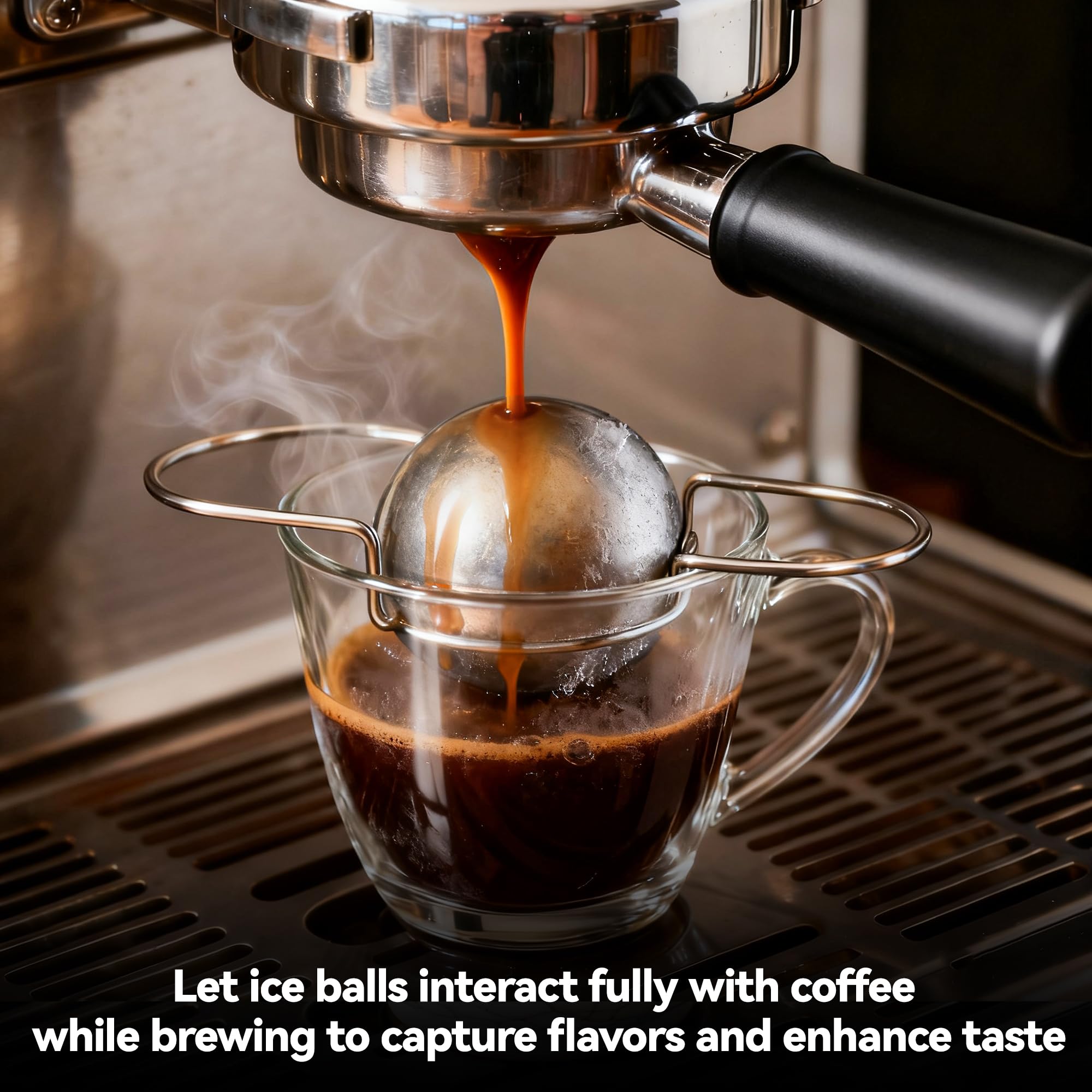 Brikinte bola enfriadora en taza para espresso sin dilución.