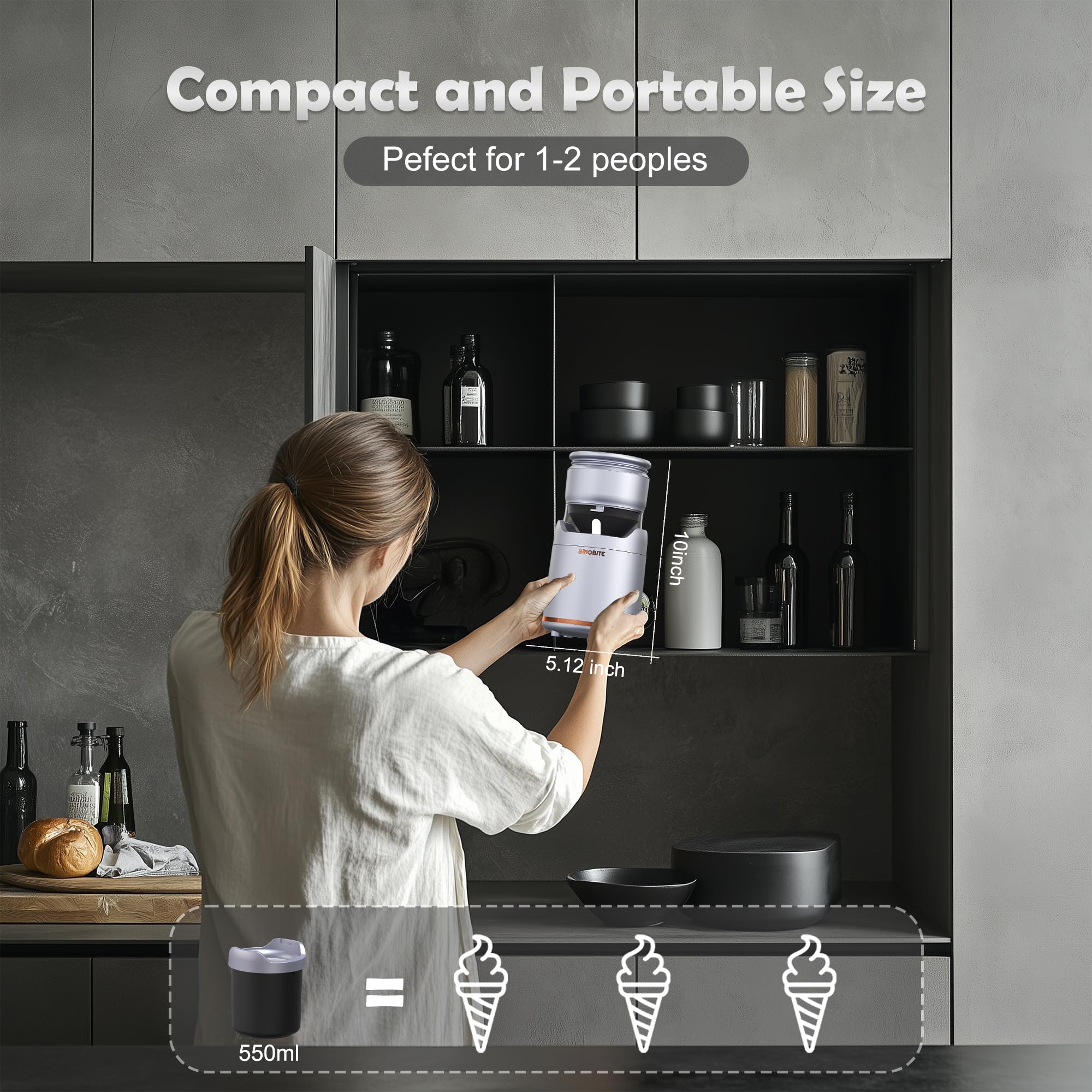 BRIOBITE Maquina de helado con USB-C y batería recargable para usar sin estar conectado.