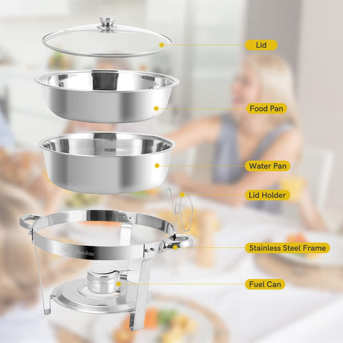BriSunshine chafer redonda 5qt con soporte de tapa para servicio limpio y seguro.