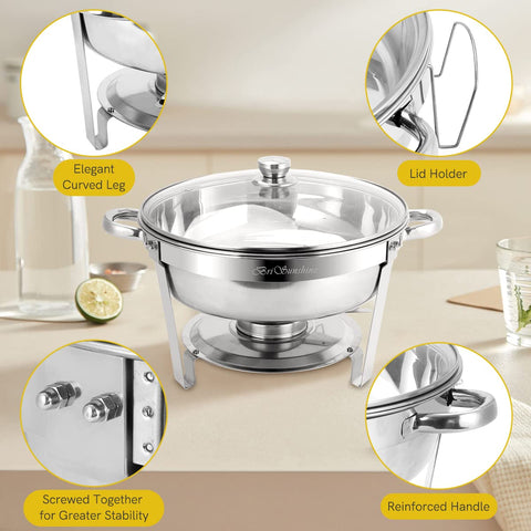 BriSunshine chafer redonda 5qt con tapa de cristal, permite observar alimentos y conservar calor.