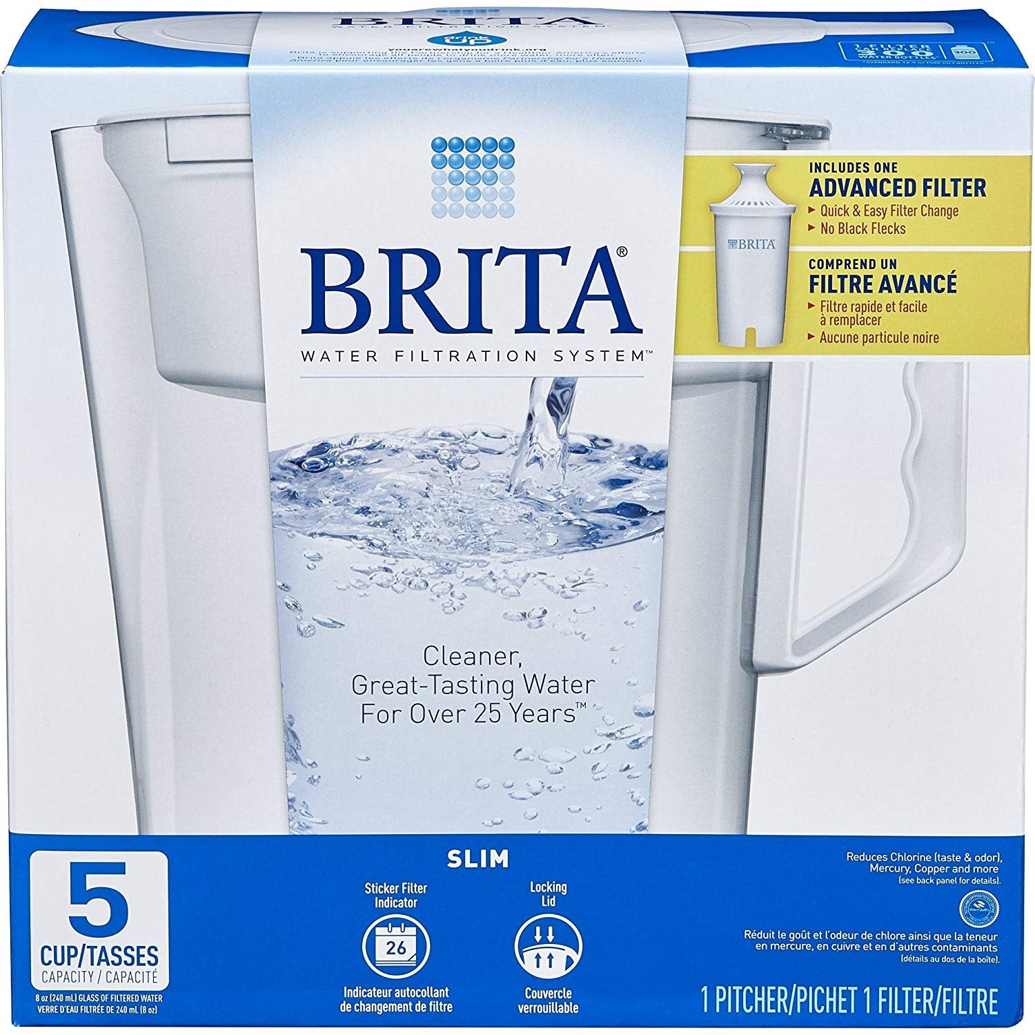 Brita Slim jarra filtradora de 5 tazas, vista frontal, filtración rápida y sabor más limpio.