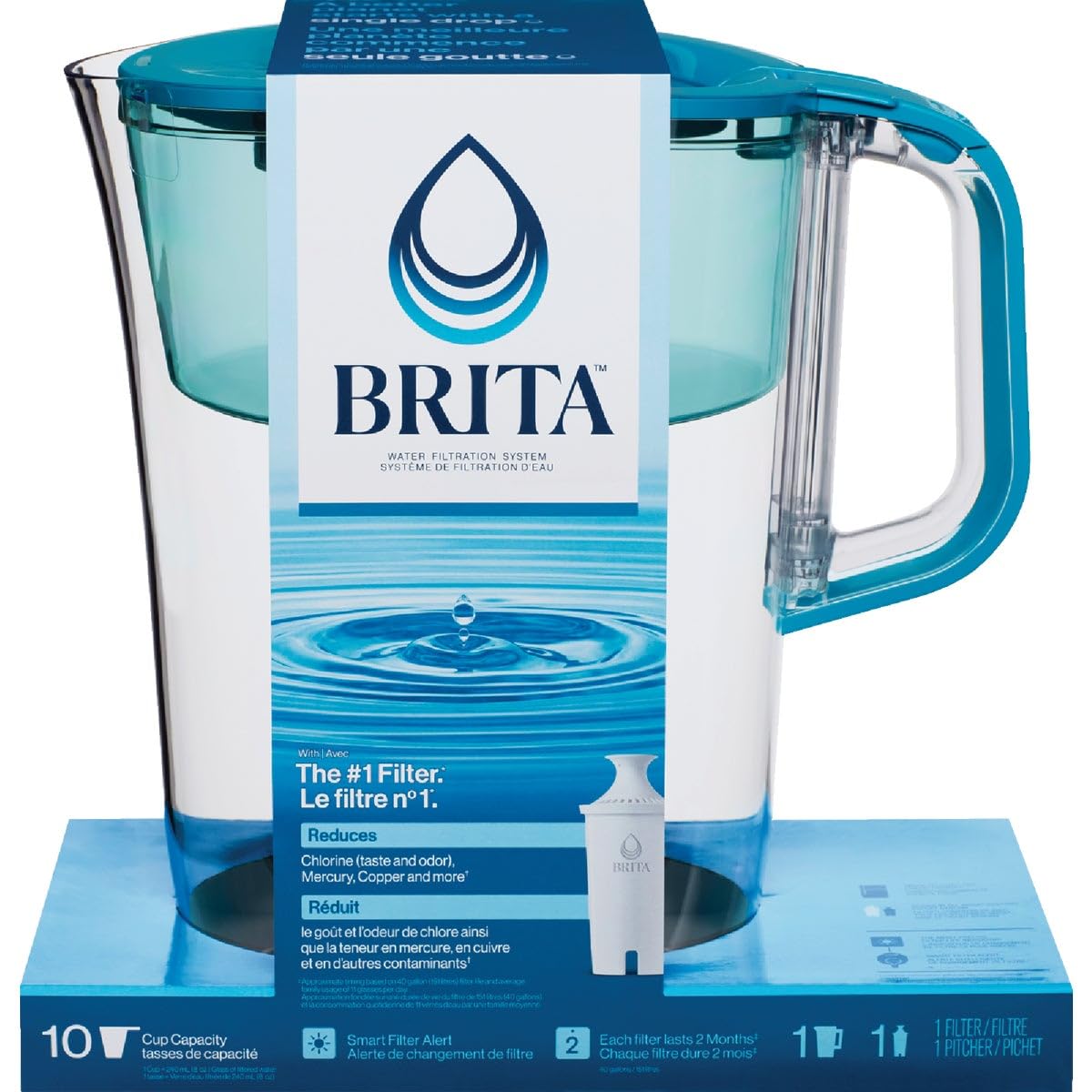 Brita Tahoe Grande muestra la jarra filtrante transparente azul turquesa para uso diario