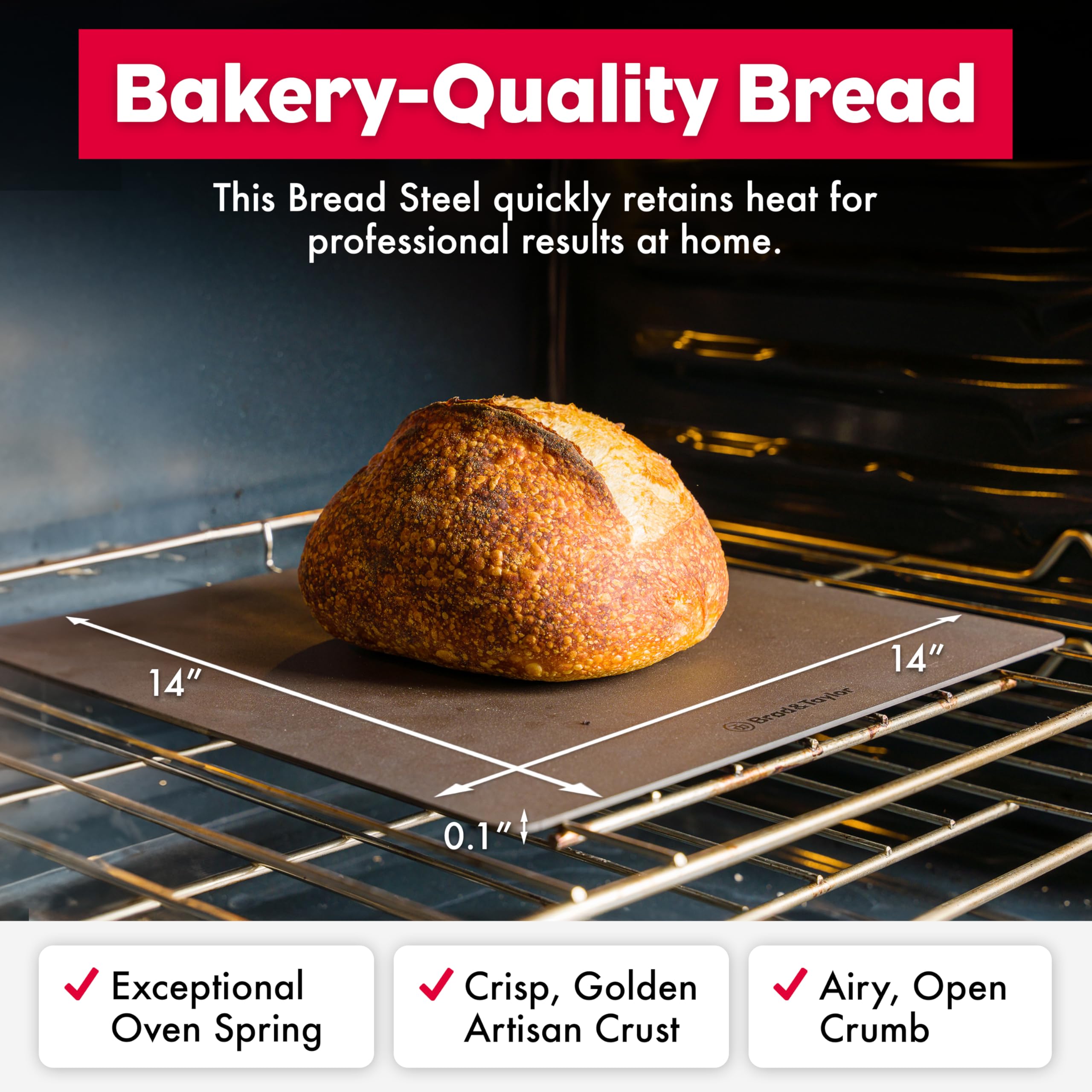 Brod & Taylor Pan Steel Original 14x14, colocado dentro del horno para calor constante.
