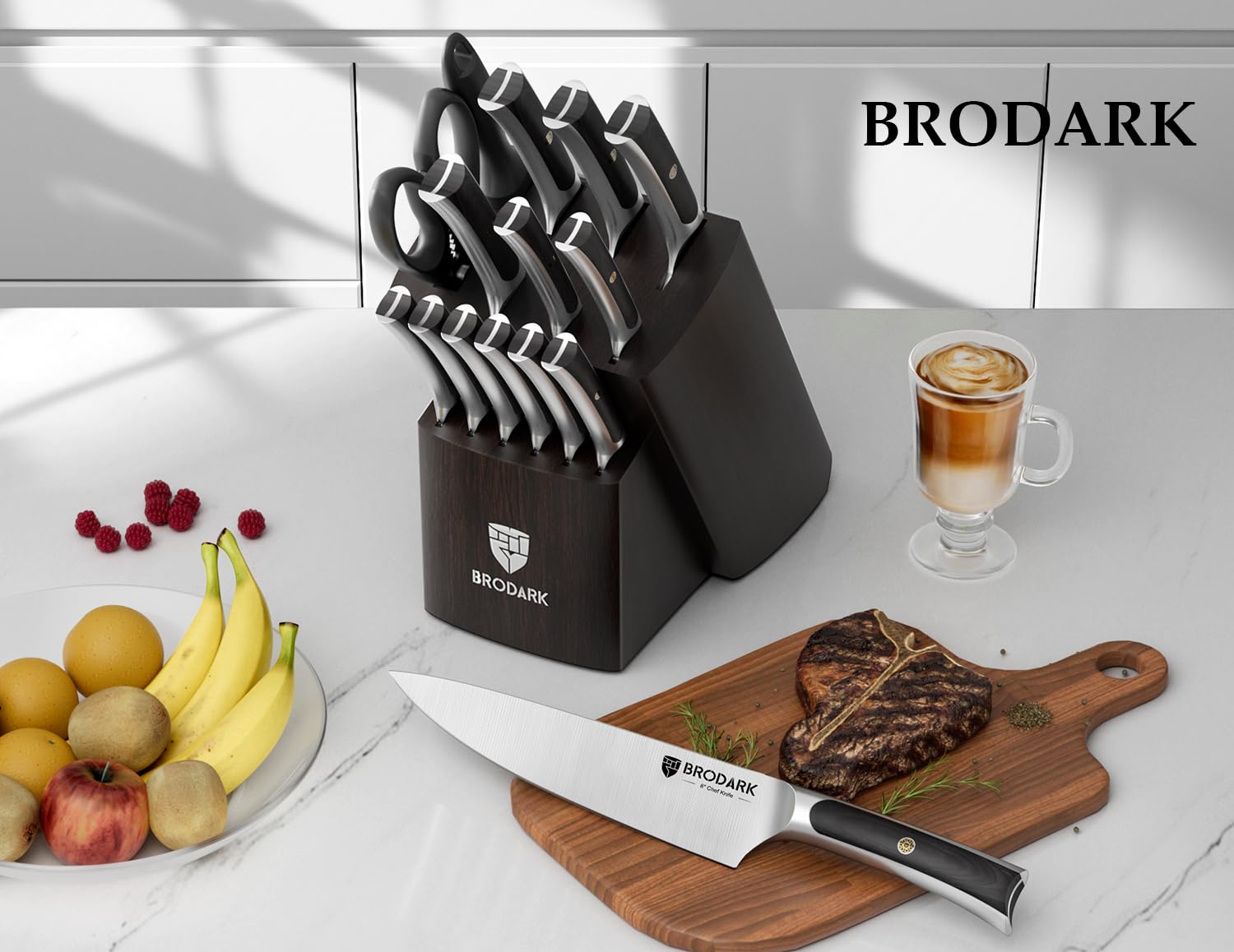 BRODARK cuchillo chef 8 pulgadas con mango pakkawood, cortes precisos.