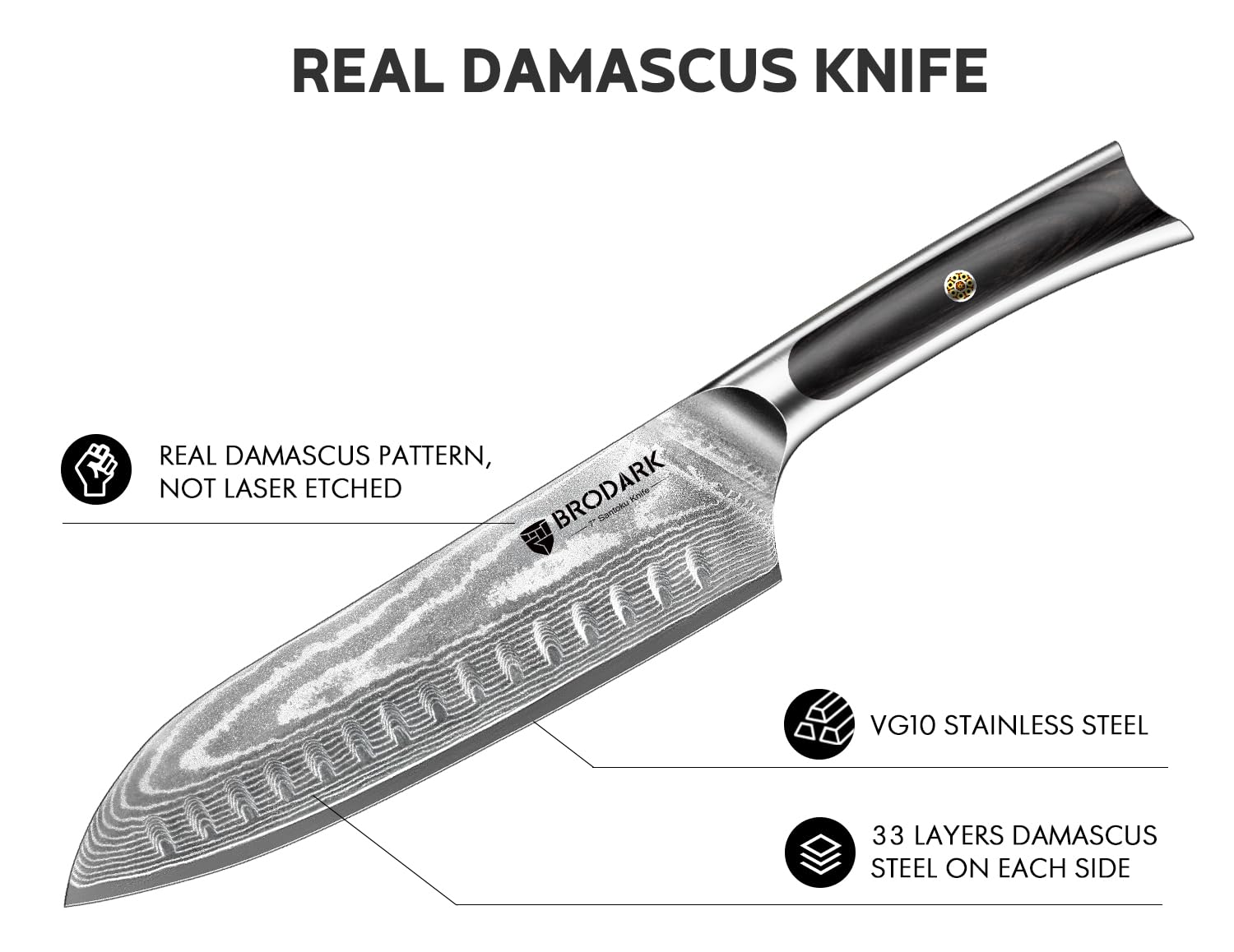 BRODARK cuchillo utilidad damasco mango pakkawood agarre seguro