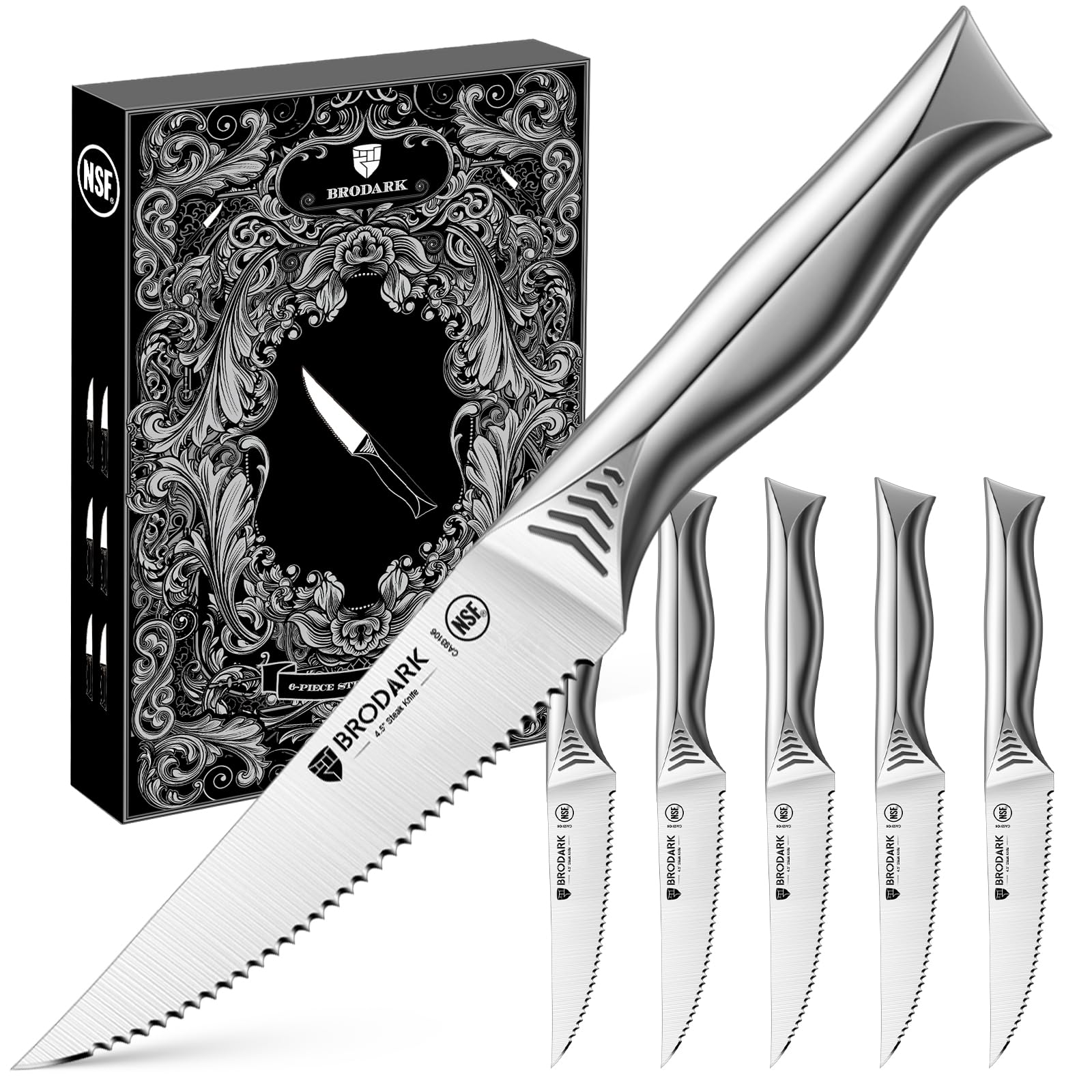 Cuchillos BRODARK para bistec serrados de 4.5 pulgadas con filo estable.