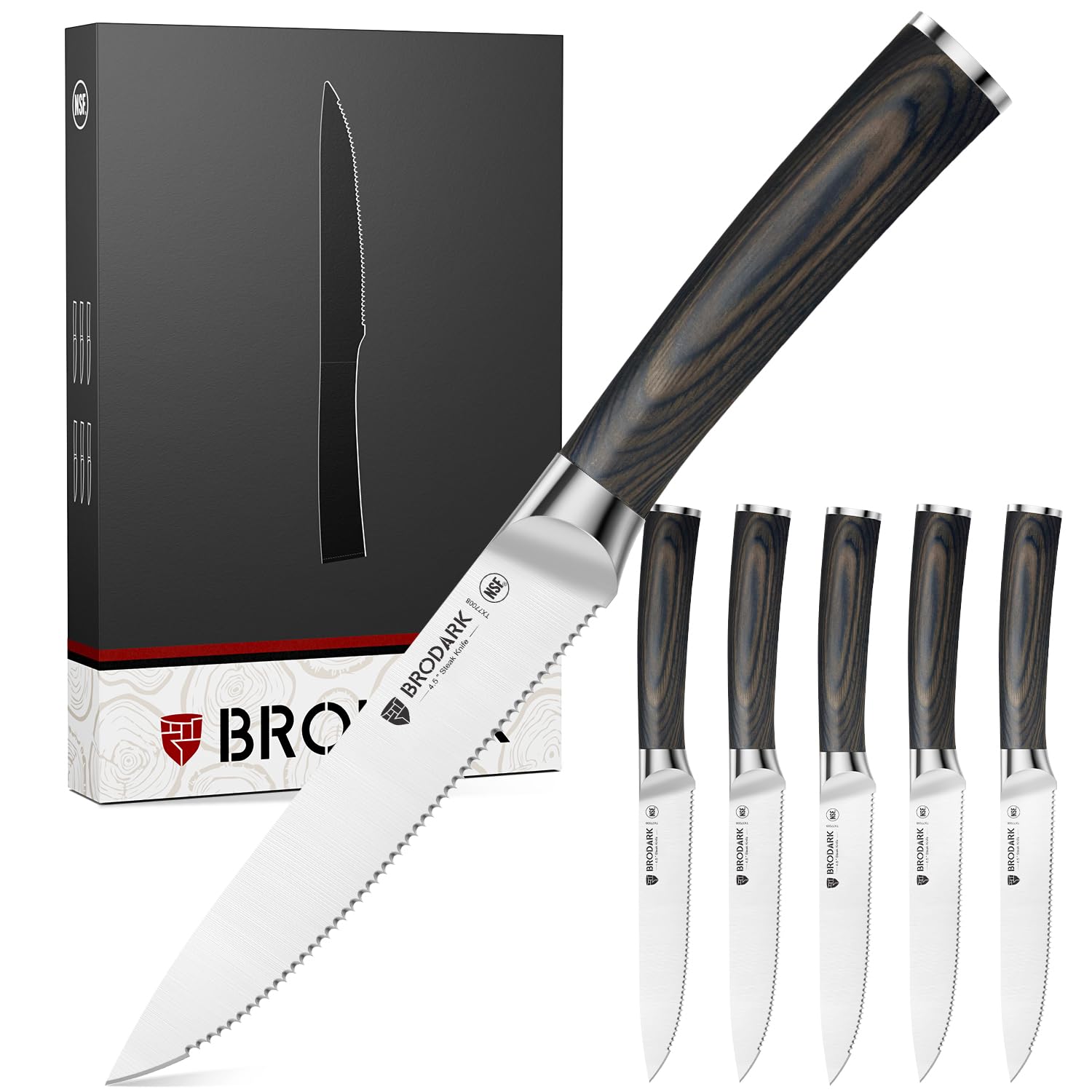 BRODARK cuchillos para bistec con set de 6 y mango de madera, listos para servir.