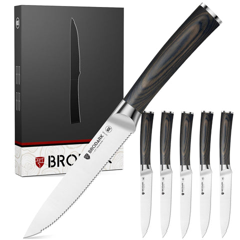 BRODARK cuchillos para bistec con set de 6 y mango de madera, listos para servir.