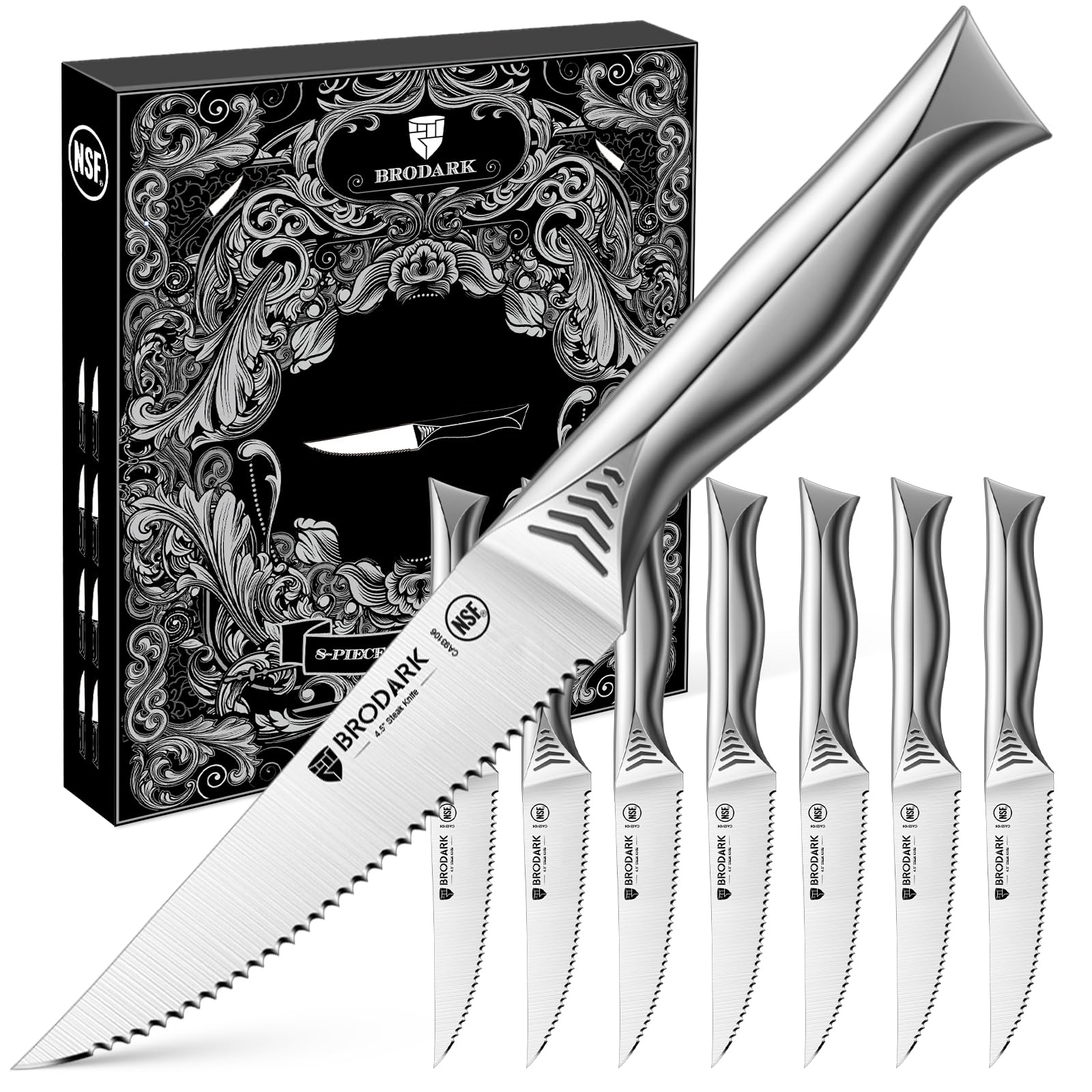 BRODARK juego cuchillos para bistec 8 piezas 4.5 pulgadas, corte fácil para carnes.